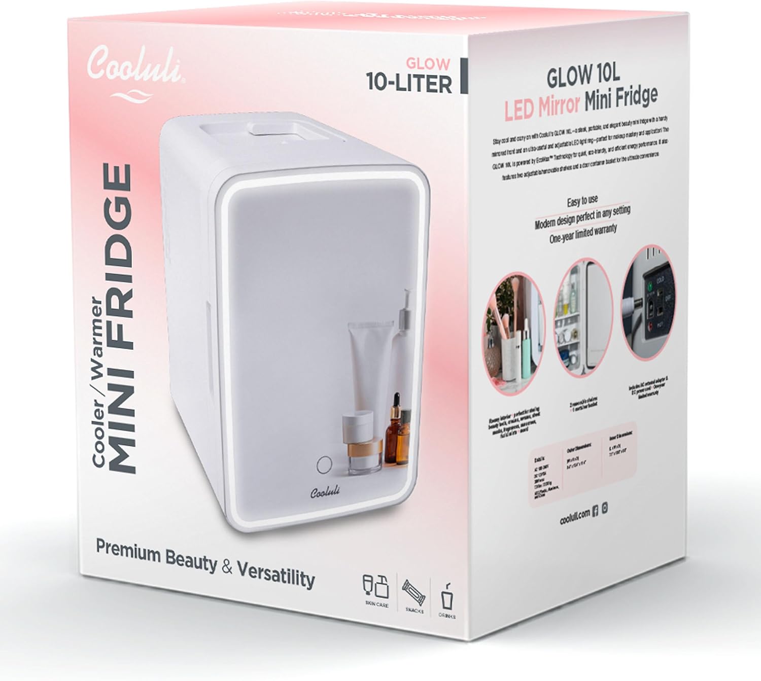 Cooluli Glow 10L Mini Skincare Fridge with Mirror  LED Light - Small Refrigerator for Skin Care, Makeup, Beauty, Cosmetics, Food amp; Drinks, White · v9
