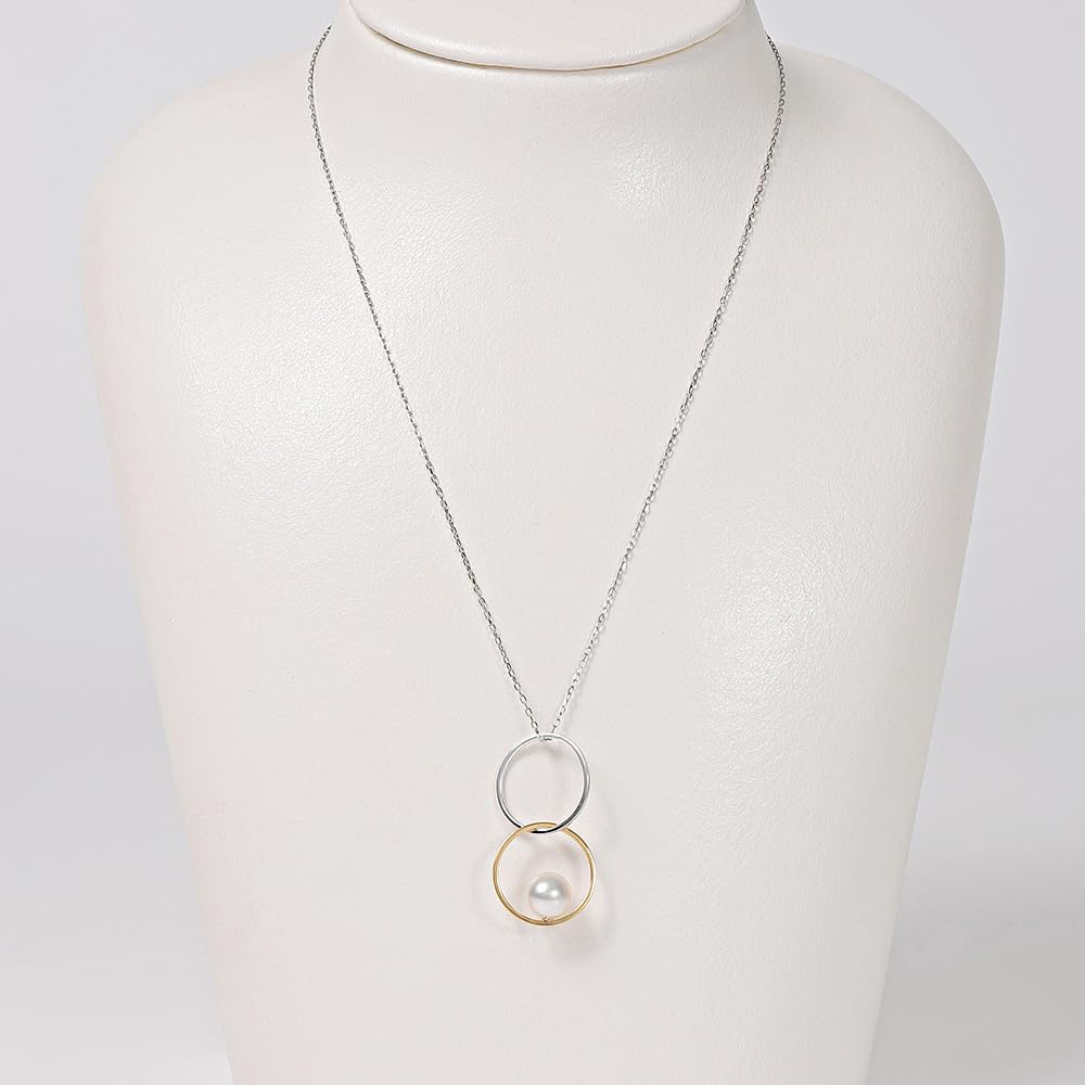 Collar con colgante de cadena larga de perlas cultivadas de Akoya japonesas de 7 mm para mujer con platino PT900 y oro amarillo de 18 quilates | Diseño elegante, excelente regalo | Collar de perlas, 23,6 pulgadas, blanco