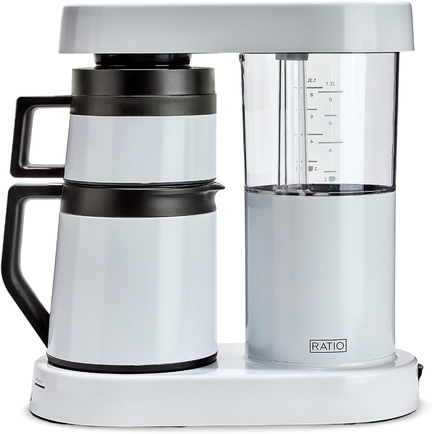Ratio Coffee - เครื่องชงกาแฟรุ่น 2 Six เครื่องชงกาแฟแบบดริปจำลอง กาต้มกาแฟความจุ 1.25 ลิตร/40 ออนซ์ เครื่องชงกาแฟสีขาว ชงได้ 2-8 ถ้วย ขนาด 6.75 D x 13.5\ W x 14.25\ H