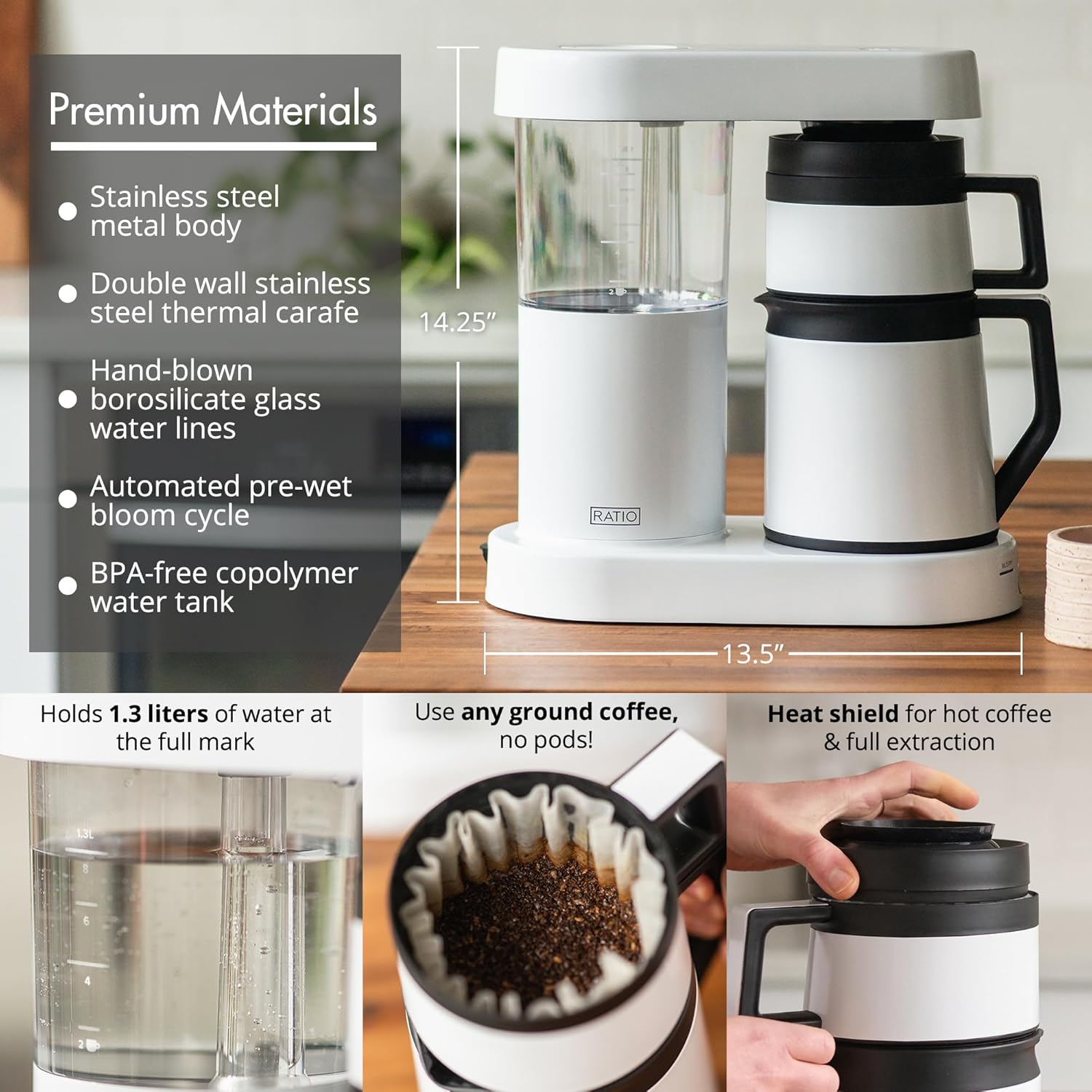 Ratio Coffee - เครื่องชงกาแฟรุ่น 2 Six เครื่องชงกาแฟแบบดริปจำลอง กาต้มกาแฟความจุ 1.25 ลิตร/40 ออนซ์ เครื่องชงกาแฟสีขาว ชงได้ 2-8 ถ้วย ขนาด 6.75 D x 13.5\ W x 14.25\ H
