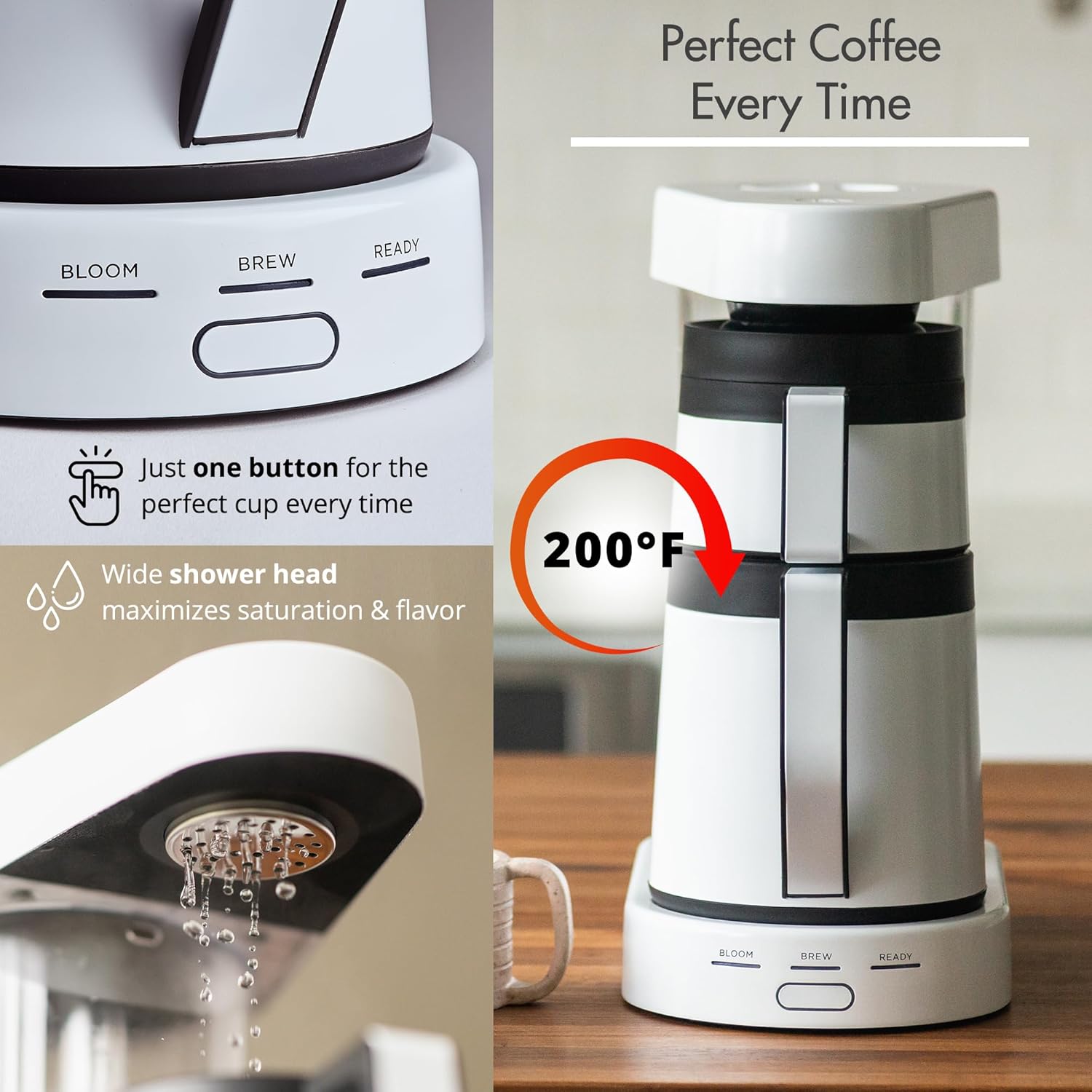 Ratio Coffee - เครื่องชงกาแฟรุ่น 2 Six เครื่องชงกาแฟแบบดริปจำลอง กาต้มกาแฟความจุ 1.25 ลิตร/40 ออนซ์ เครื่องชงกาแฟสีขาว ชงได้ 2-8 ถ้วย ขนาด 6.75 D x 13.5\ W x 14.25\ H