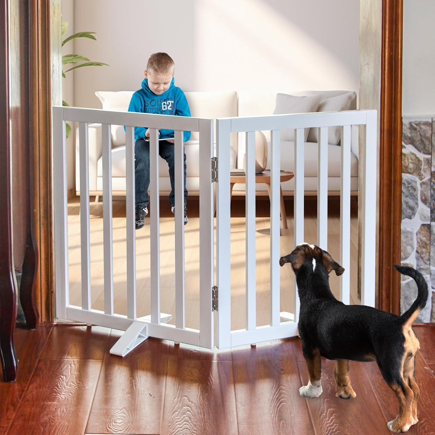 Recinzione per cani autoportante per interni per la casa, porte, corridoi o scale, cancello pieghevole in legno bianco per cani, cancello espandibile per animali domestici 24 altezza 2 pannelli