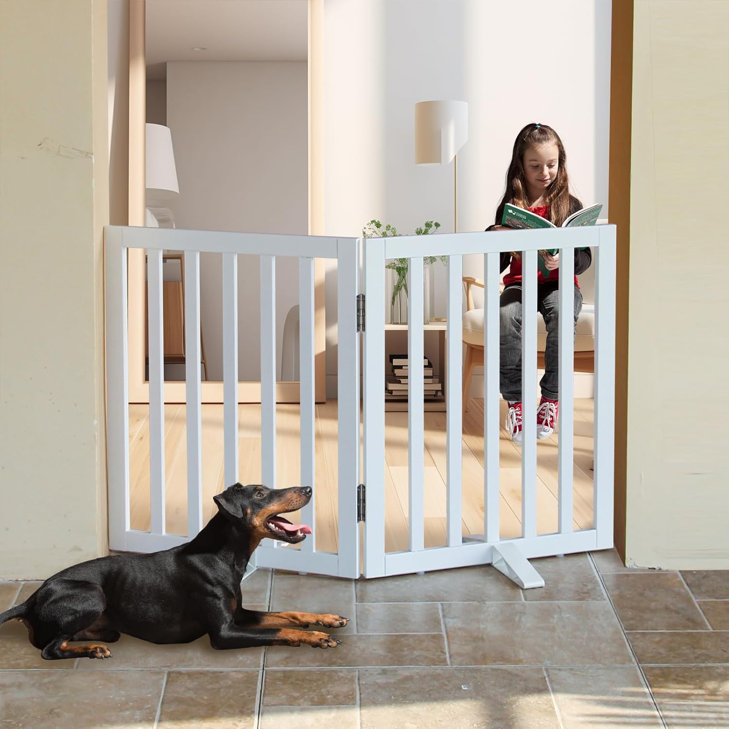 Recinzione per cani autoportante per interni per la casa, porte, corridoi o scale, cancello pieghevole in legno bianco per cani, cancello espandibile per animali domestici 24 altezza 2 pannelli