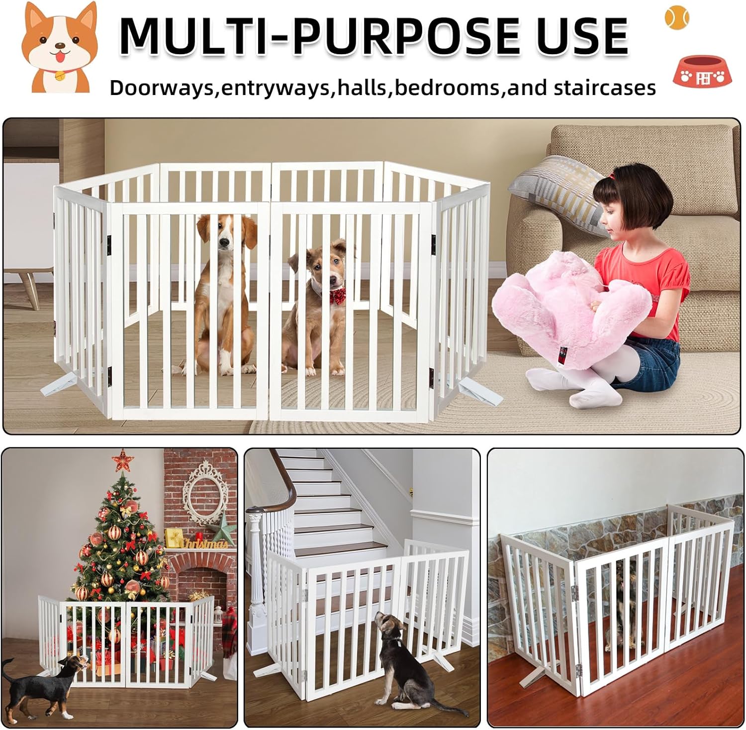 Recinzione per cani autoportante per interni per la casa, porte, corridoi o scale, cancello pieghevole in legno bianco per cani, cancello espandibile per animali domestici 24 altezza 2 pannelli