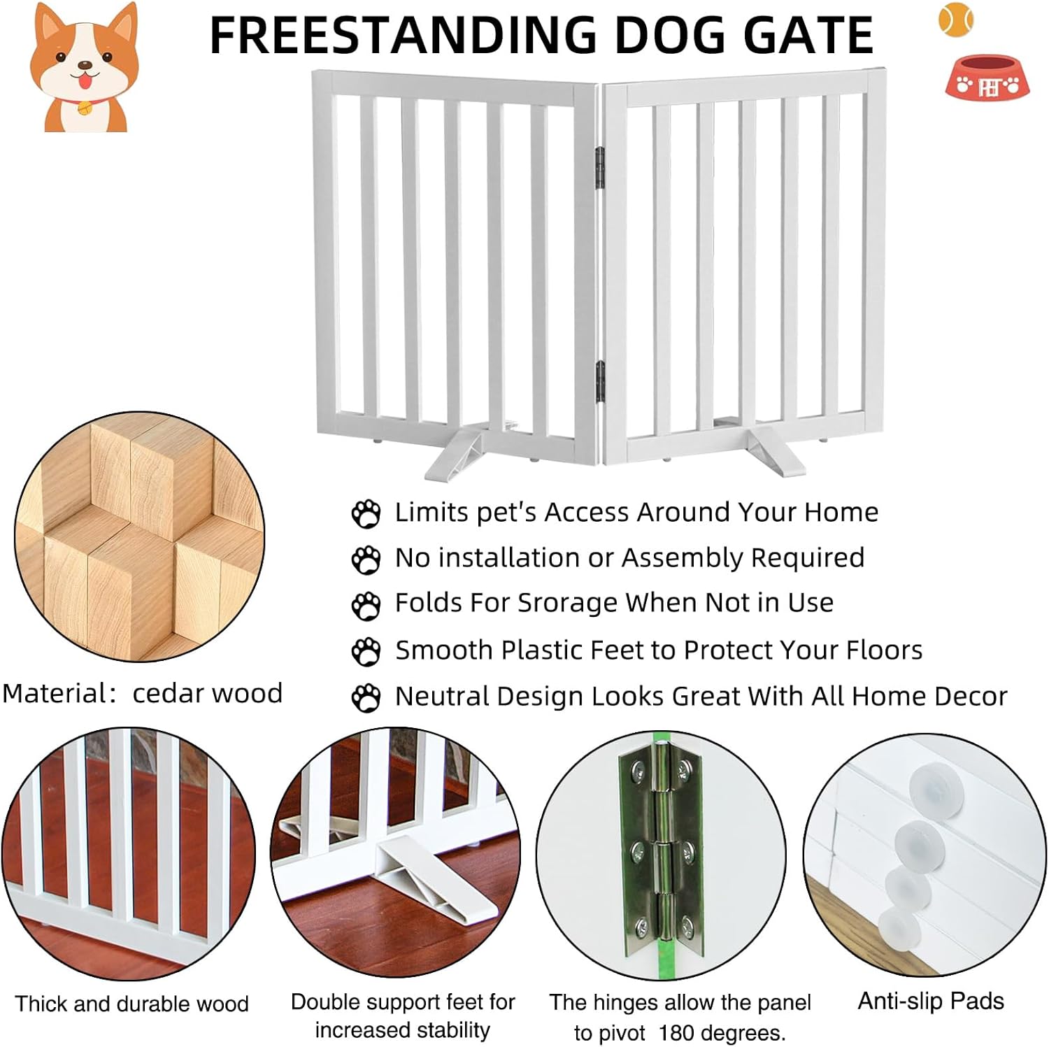 Recinzione per cani autoportante per interni per la casa, porte, corridoi o scale, cancello pieghevole in legno bianco per cani, cancello espandibile per animali domestici 24 altezza 2 pannelli