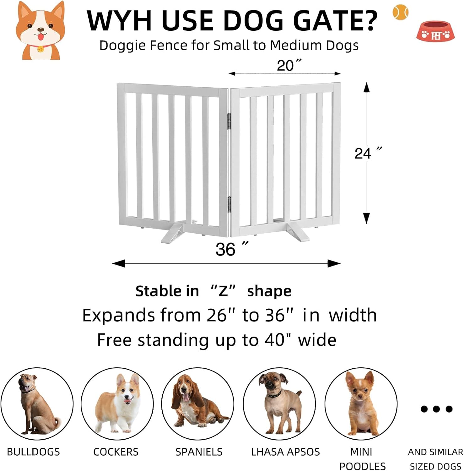 Recinzione per cani autoportante per interni per la casa, porte, corridoi o scale, cancello pieghevole in legno bianco per cani, cancello espandibile per animali domestici 24 altezza 2 pannelli