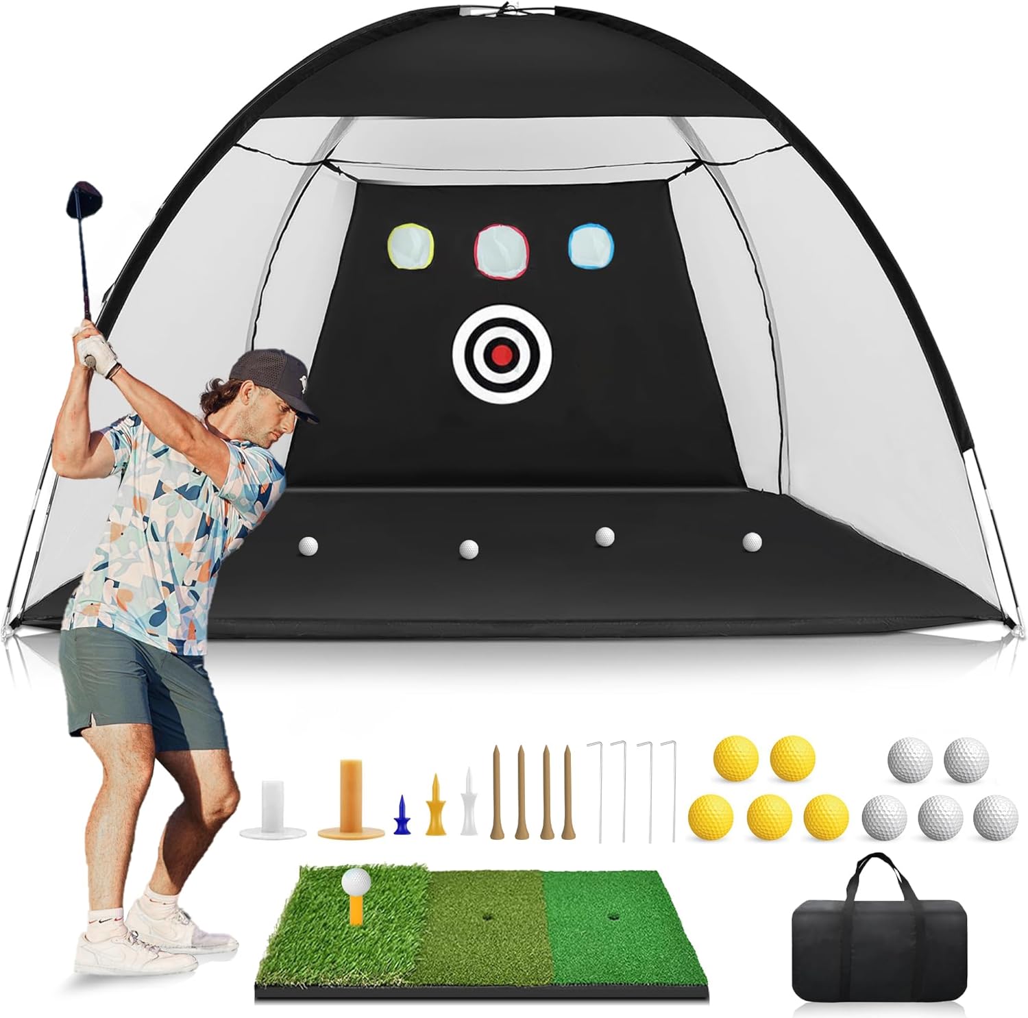 Golf Net: 10x7ft Golf Practice Nets for Backyard Driving - All in 1 Golf Hitting Aid Net with Tri-Turf Golf Mat, Golf Net for Indoor Chipping Swing Training with Target/Balls/Tee/Bag, Golf Net for Men · v3