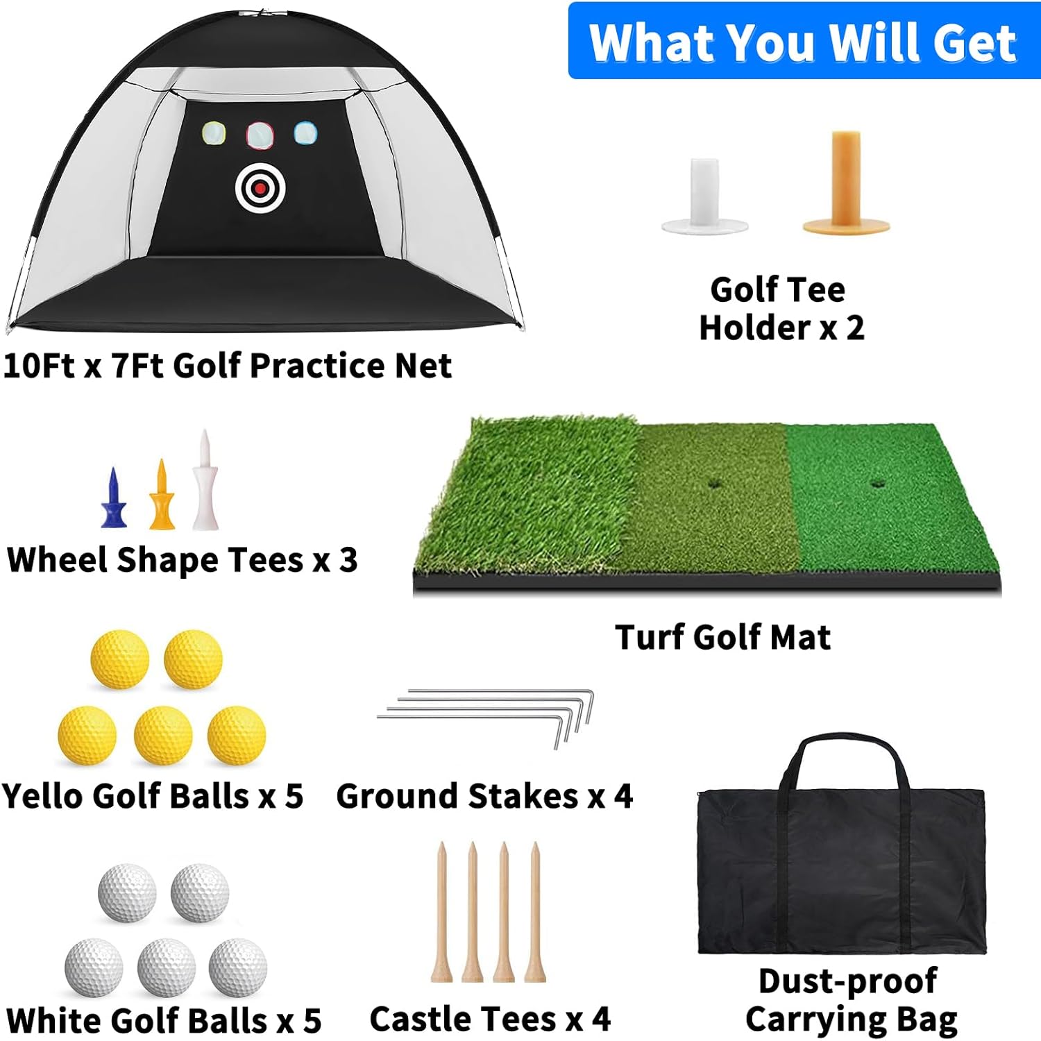 Golf Net: 10x7ft Golf Practice Nets for Backyard Driving - All in 1 Golf Hitting Aid Net with Tri-Turf Golf Mat, Golf Net for Indoor Chipping Swing Training with Target/Balls/Tee/Bag, Golf Net for Men · v3