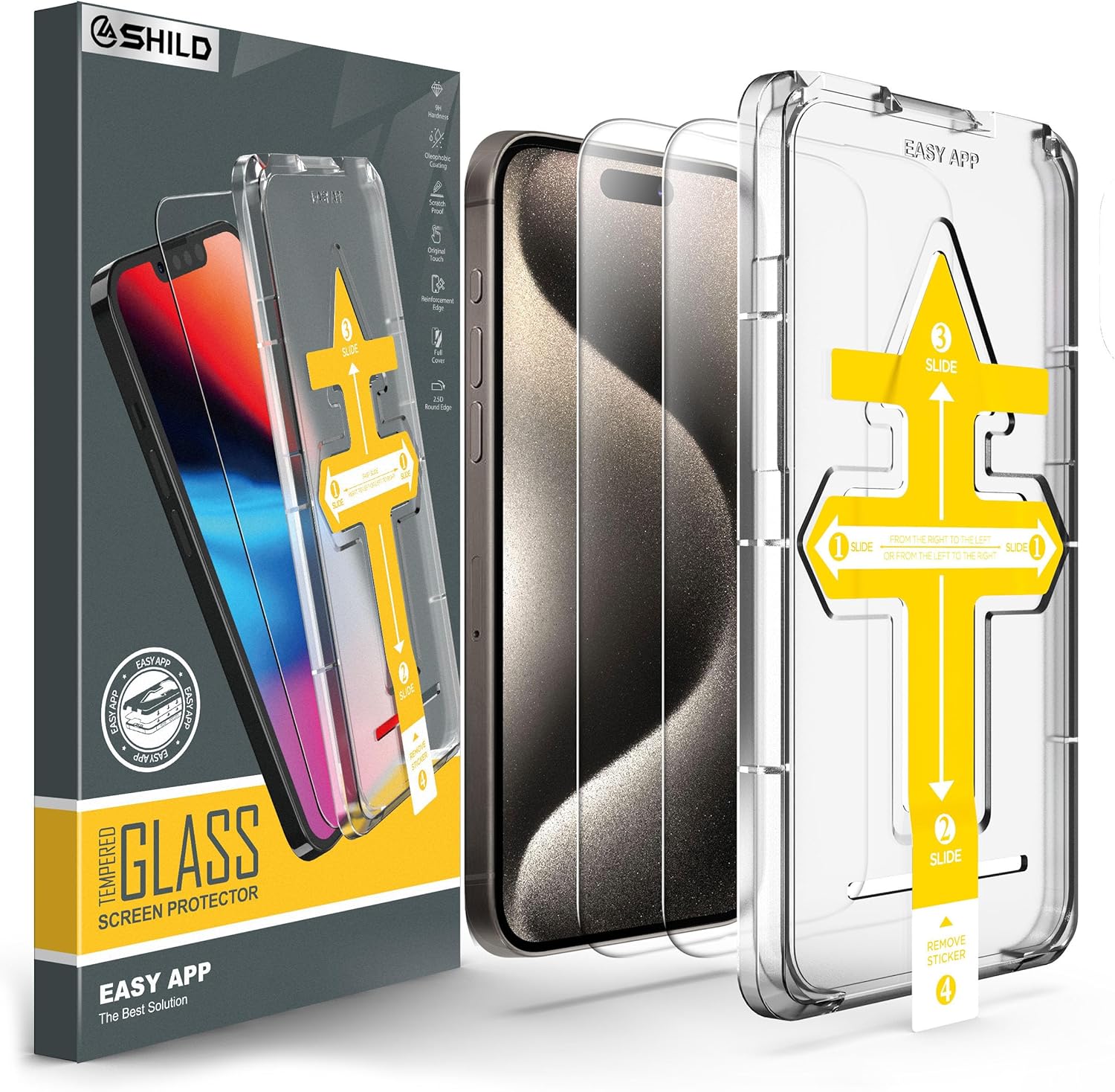 SHILD Perfect - Fits Design Tempered Glass Screen Protector Guard For Iphone 15 Pro Max [6.7 Inch] [2-Pack] Smartphone Tempered Glass Film with Easy Installation Frame, Ultra HD, 9H Hardness, Scratch Resistant, Case