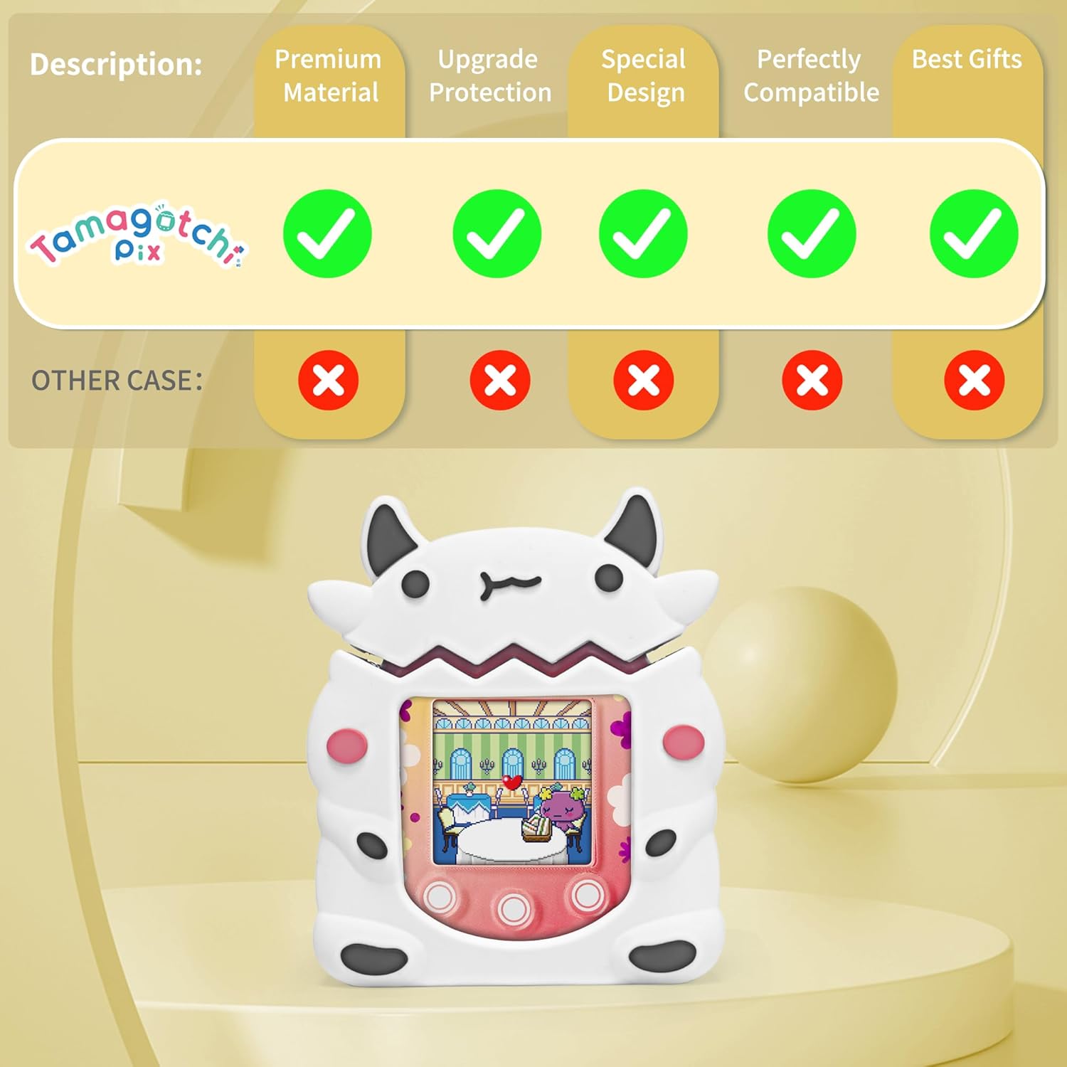 Silicone Case Compatible with Tamagotchi Pix Virtual Pet Game Machine, Cute Dairy Dow Pattern Protective Sleeve for Pix with Finger Lanyard · v2