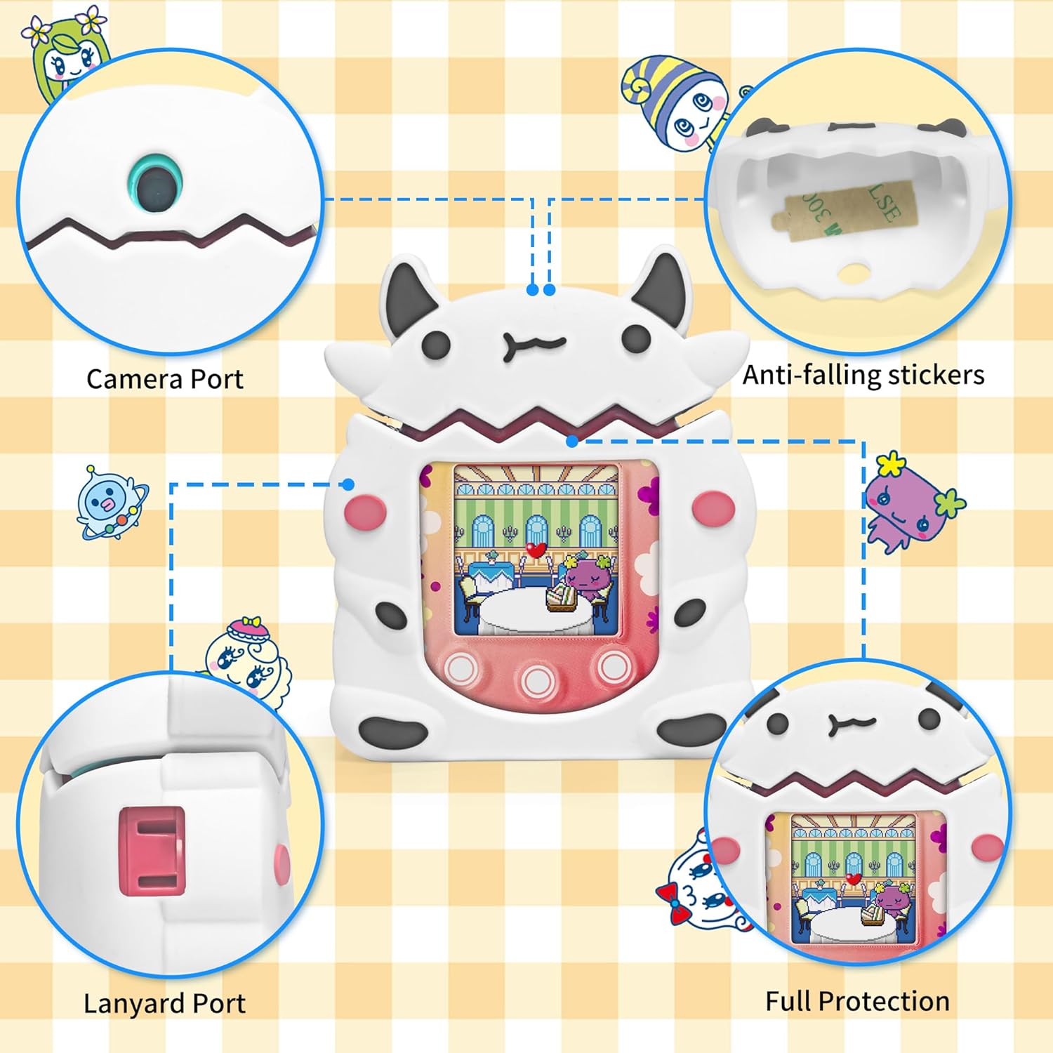 Silicone Case Compatible with Tamagotchi Pix Virtual Pet Game Machine, Cute Dairy Dow Pattern Protective Sleeve for Pix with Finger Lanyard · v2