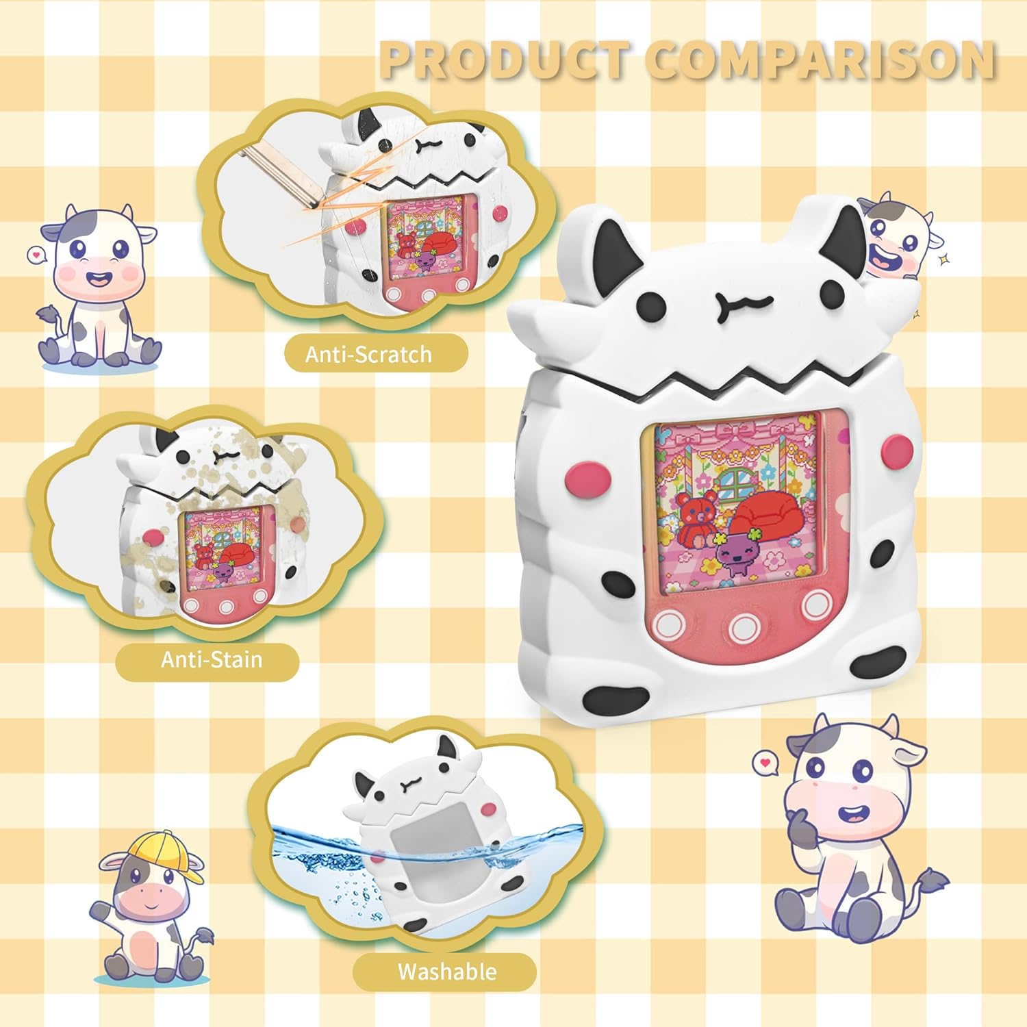 Silicone Case Compatible with Tamagotchi Pix Virtual Pet Game Machine, Cute Dairy Dow Pattern Protective Sleeve for Pix with Finger Lanyard · v2