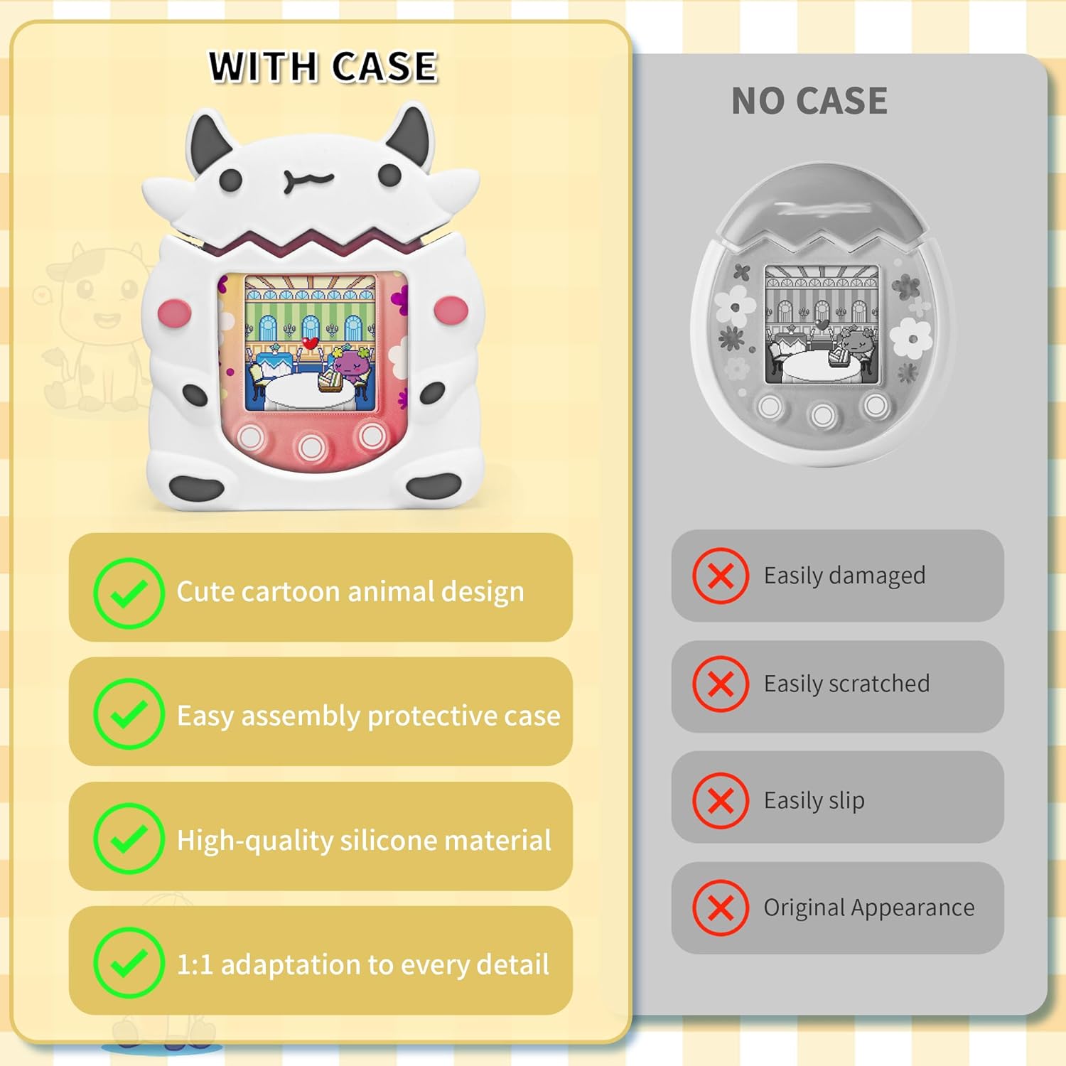 Silicone Case Compatible with Tamagotchi Pix Virtual Pet Game Machine, Cute Dairy Dow Pattern Protective Sleeve for Pix with Finger Lanyard · v2