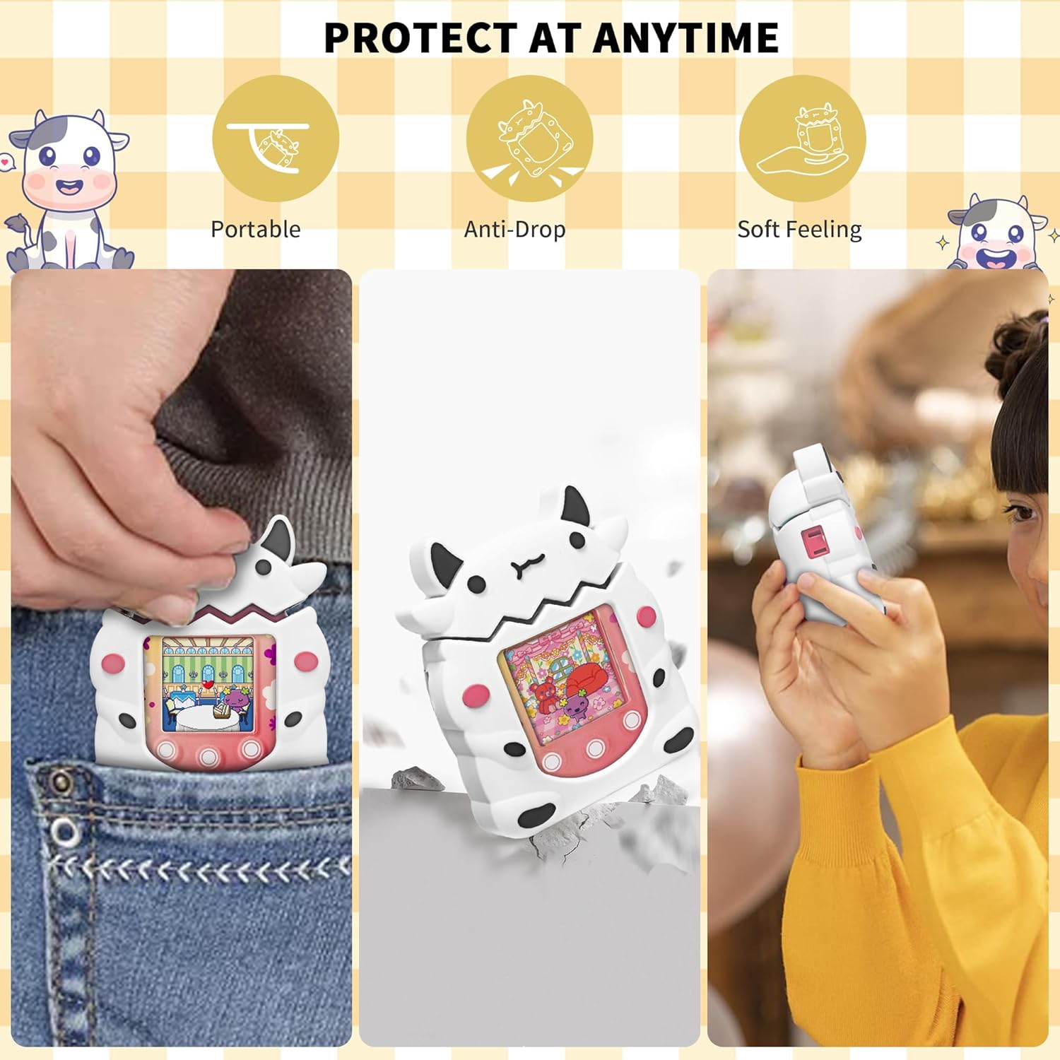 Silicone Case Compatible with Tamagotchi Pix Virtual Pet Game Machine, Cute Dairy Dow Pattern Protective Sleeve for Pix with Finger Lanyard · v2