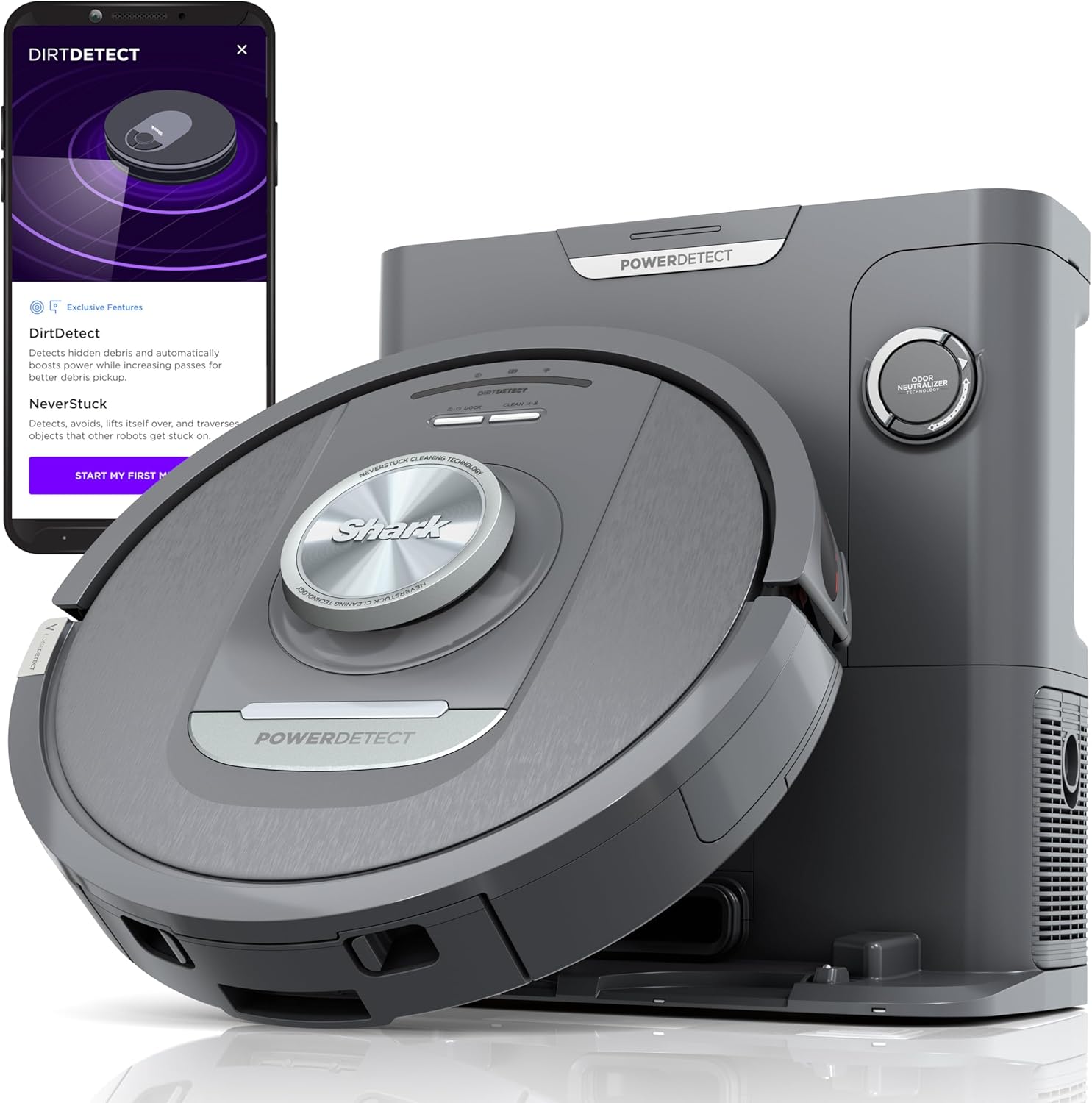 Shark PowerDetect Self-Empty Robot Vacuum with NeverStuck Technology, Auto Deep-Clean Carpets  Hardfloors, XL 60 Day Capacity HEPA Bagless Base Neutralizes Odors, for Pet Hair, Black (AV2820AE)