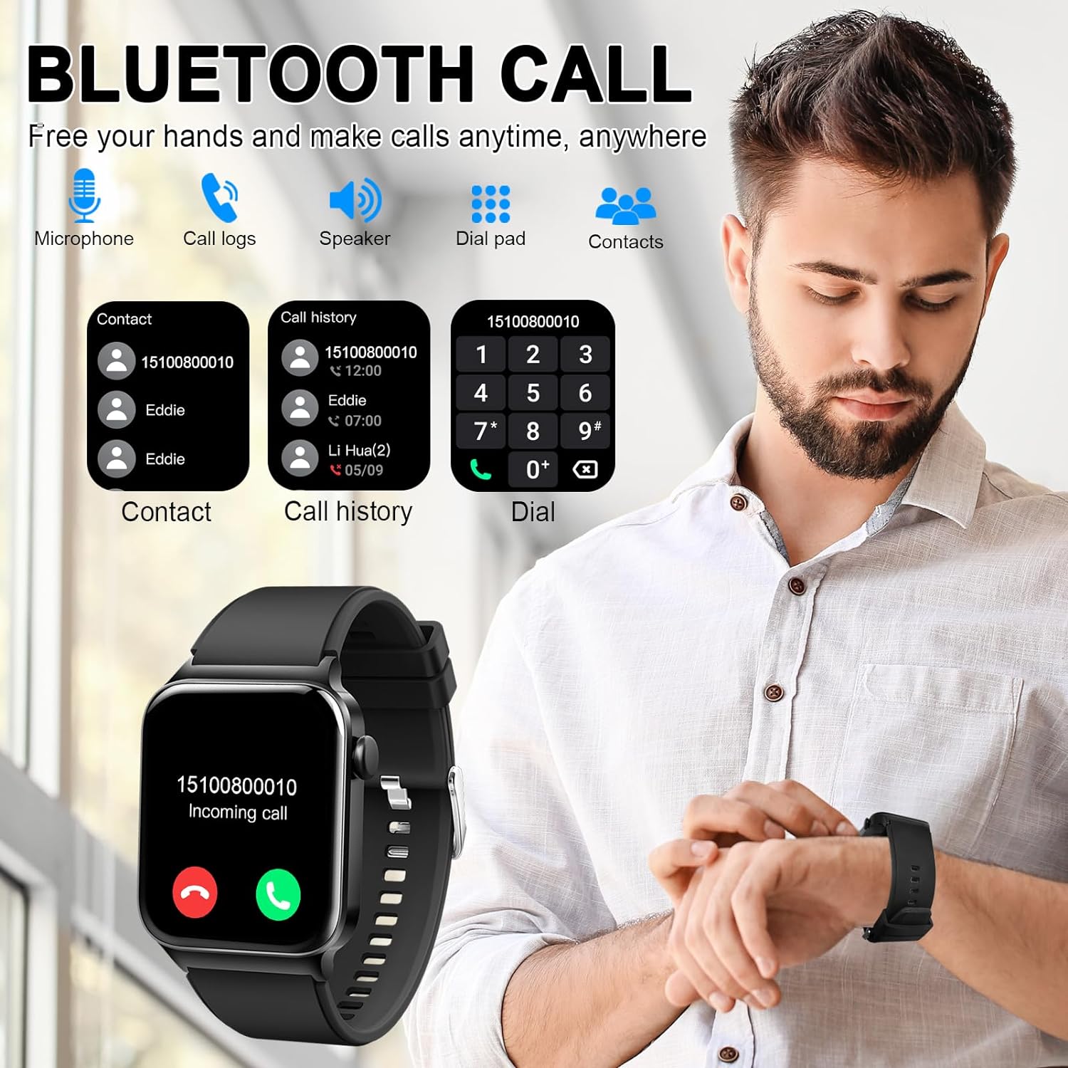 Orologio intelligente per uomo e donna, smartwatch da 1,85€ (rispondi/effettua chiamate), fitness tracker impermeabile IP68, 100 modalità sport, cardiofrequenzimetro e monitoraggio del sonno, contapassi, smartwatch per Android iOS, Deep Black