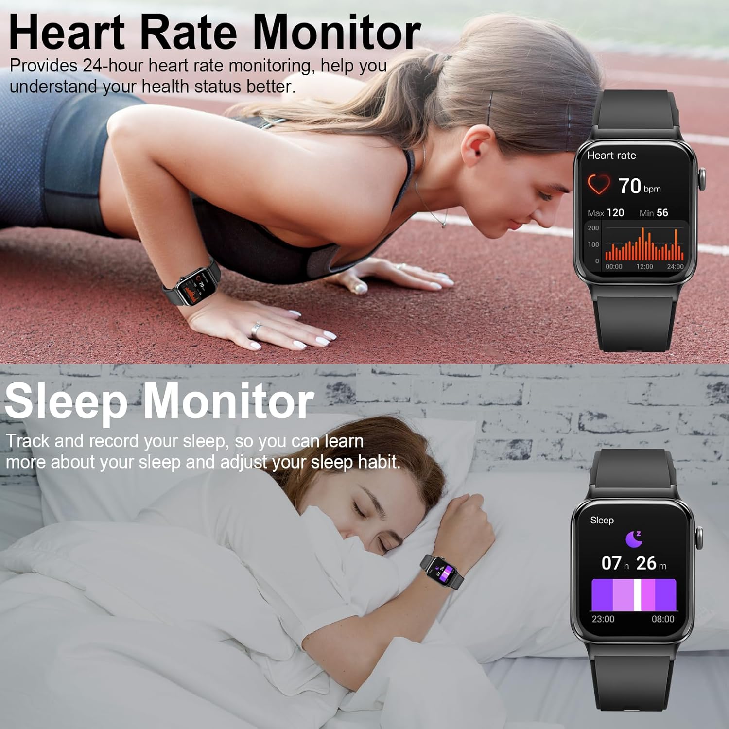 Orologio intelligente per uomo e donna, smartwatch da 1,85€ (rispondi/effettua chiamate), fitness tracker impermeabile IP68, 100 modalità sport, cardiofrequenzimetro e monitoraggio del sonno, contapassi, smartwatch per Android iOS, Deep Black