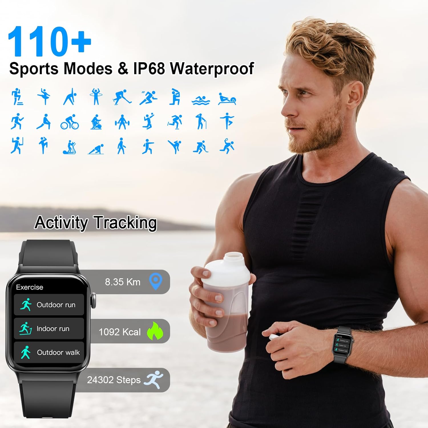 Orologio intelligente per uomo e donna, smartwatch da 1,85€ (rispondi/effettua chiamate), fitness tracker impermeabile IP68, 100 modalità sport, cardiofrequenzimetro e monitoraggio del sonno, contapassi, smartwatch per Android iOS, Deep Black