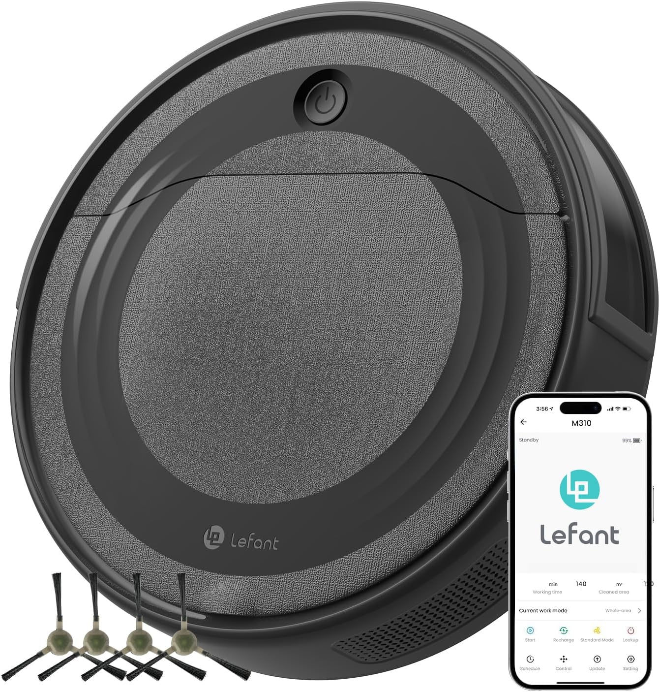 Lefant M310 로봇 진공 청소기, 강력한 흡입력, 초박형, 조용한, 자체 충전 진공 로봇, 140분 런타임, Alexa와 호환, 단단한 바닥, 반려동물 털에 이상적, 검정색