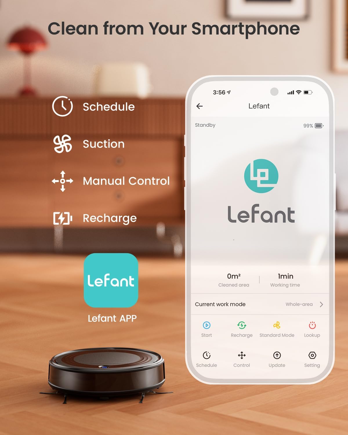 Lefant M310 로봇 진공 청소기, 강력한 흡입력, 초박형, 조용한, 자체 충전 진공 로봇, 140분 런타임, Alexa와 호환, 단단한 바닥, 반려동물 털에 이상적, 검정색