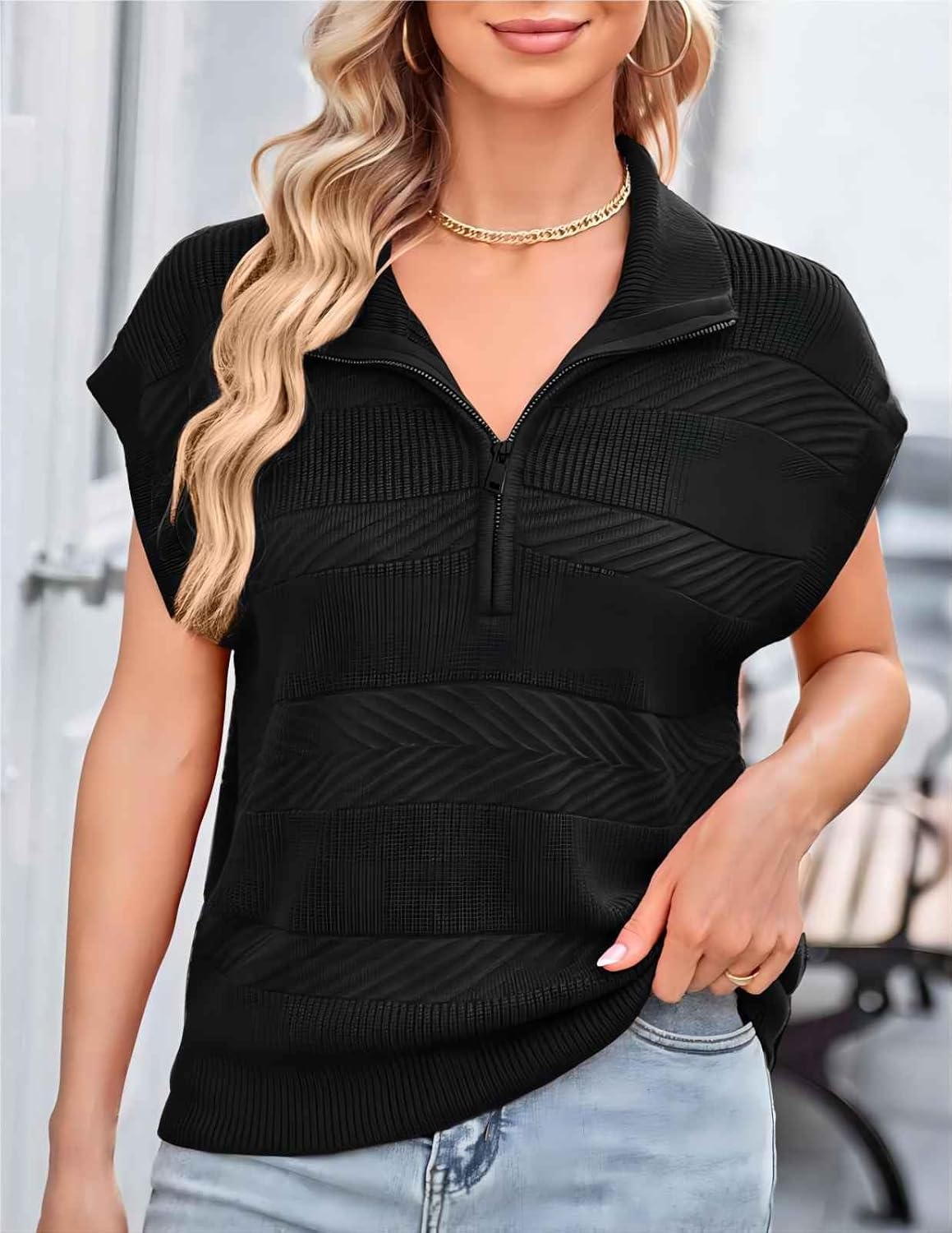 GRACE KARIN Womens Sleeveless Half Zip Sweaters Vest Summer Short Sleeve Sweater Casual Knit Pullover S-2XL · v3
