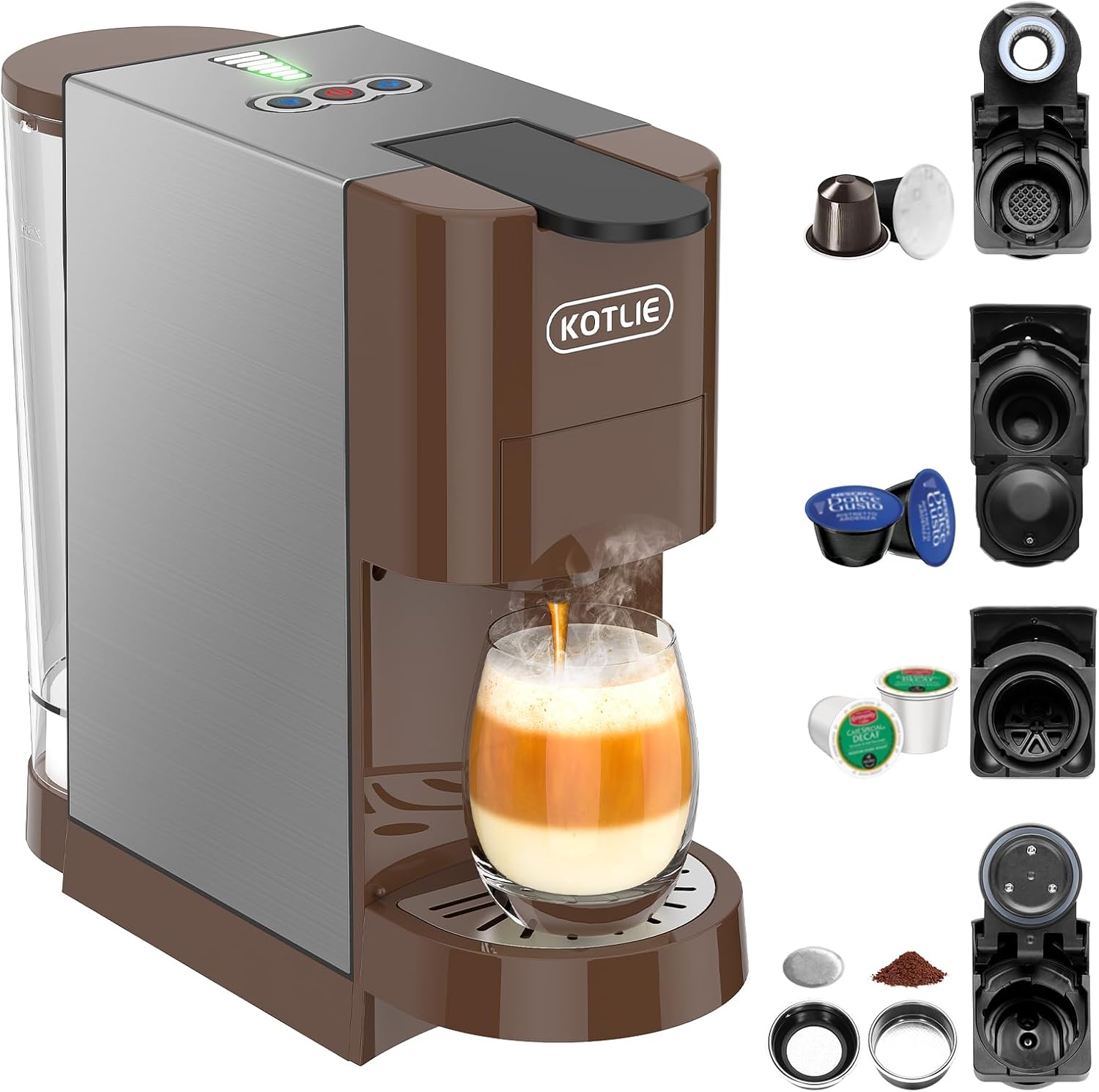 KOTLIE Multifunctional 5in1 Espresso Machine, 19Bar Pressure Single Serve Coffee Maker for Nespresso Original/Dolce Gusto/K cup/Ground Coffee/illy 44mm ESE, ColdHot Brew, Level 7 watervolume · v2