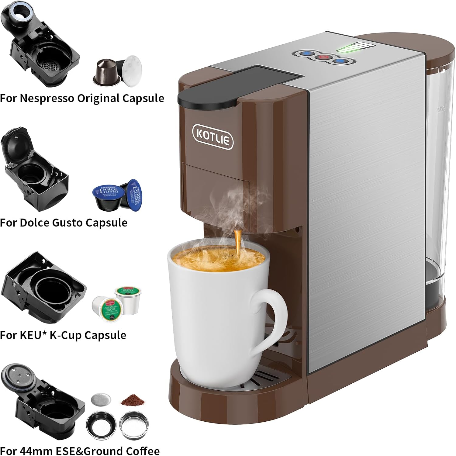 KOTLIE Multifunctional 5in1 Espresso Machine, 19Bar Pressure Single Serve Coffee Maker for Nespresso Original/Dolce Gusto/K cup/Ground Coffee/illy 44mm ESE, ColdHot Brew, Level 7 watervolume · v2