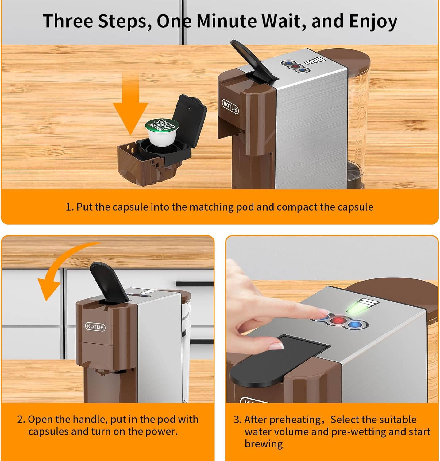 KOTLIE Multifunctional 5in1 Espresso Machine, 19Bar Pressure Single Serve Coffee Maker for Nespresso Original/Dolce Gusto/K cup/Ground Coffee/illy 44mm ESE, ColdHot Brew, Level 7 watervolume · v2