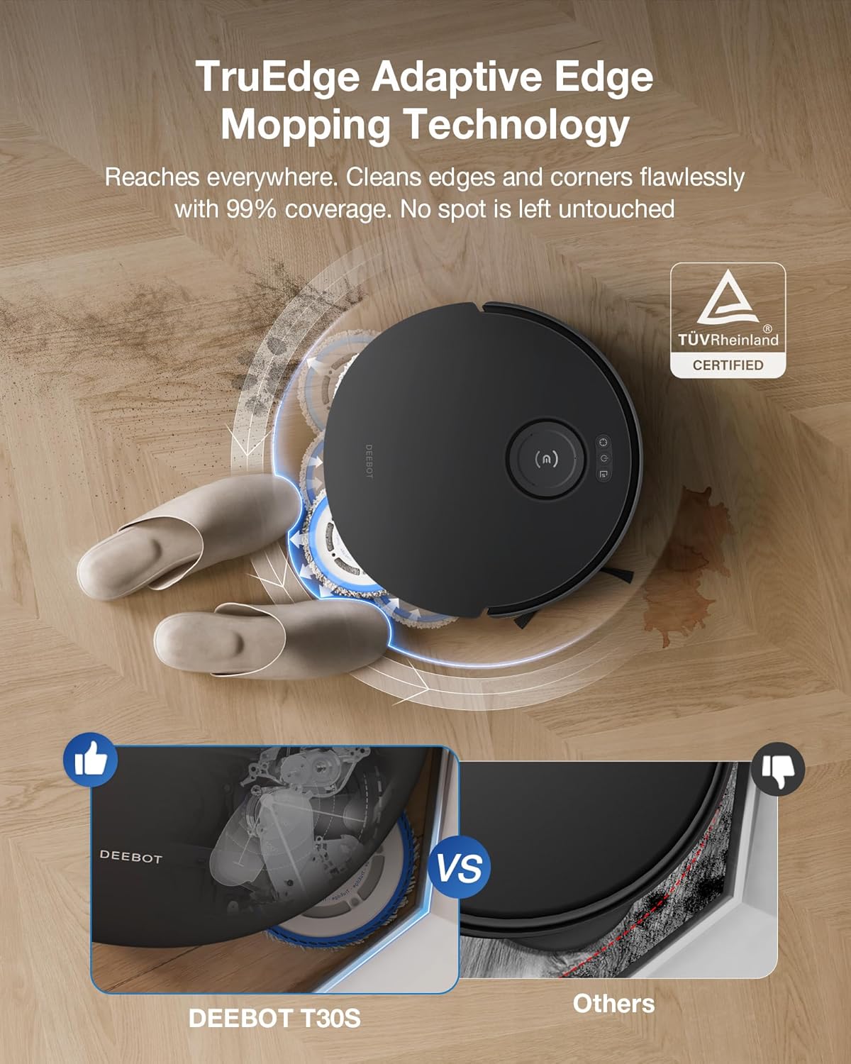 Robot aspirapolvere e mocio combinato ECOVACS DEEBOT T30S, hub di pulizia all-in-one, 11000 Pa, tecnologia ZeroTangle, lavaggio adattivo TruEdge, doppio svuotamento automatico, lavaggio con scopa con acqua calda, sollevamento automatico del mocio