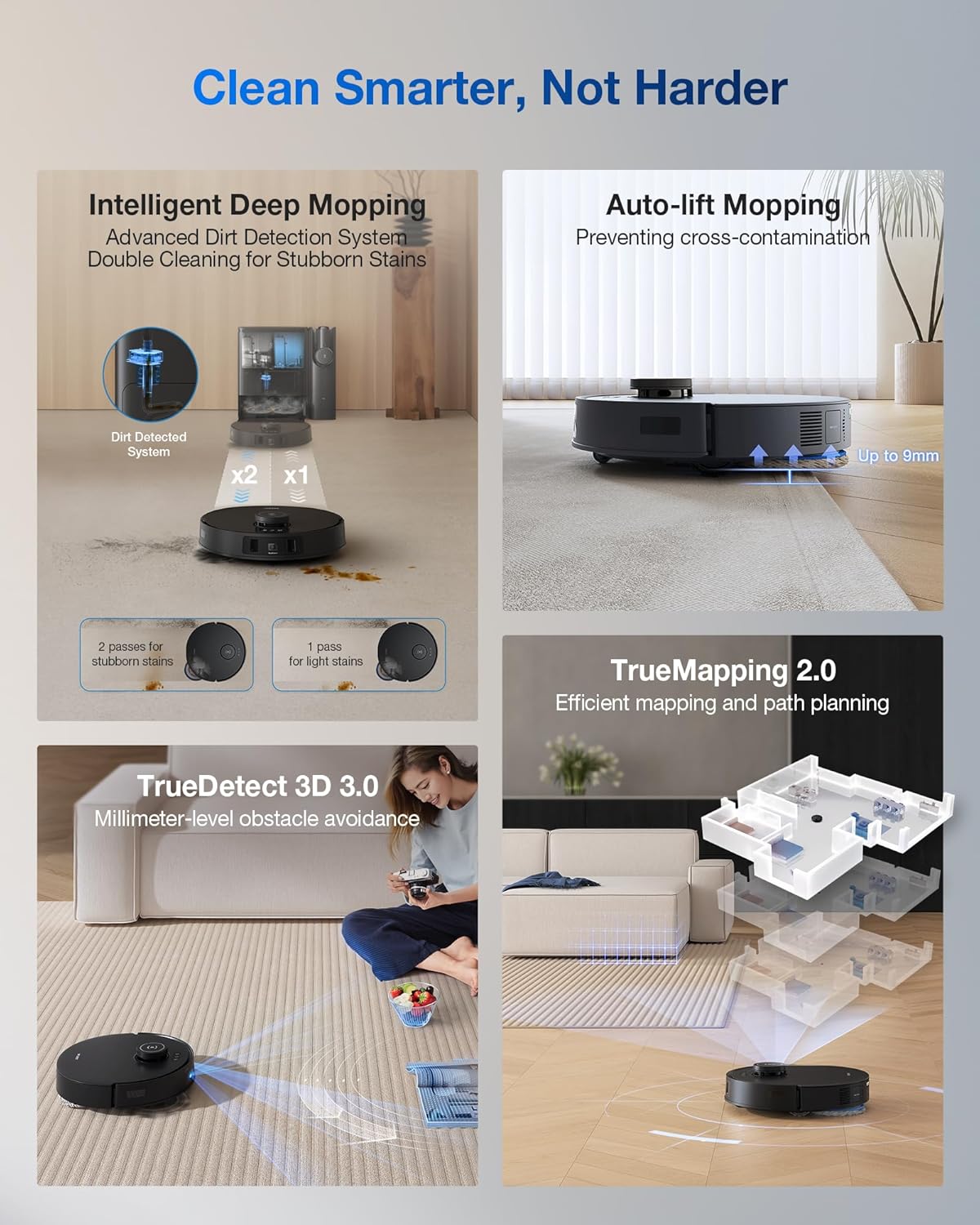 Robot aspirapolvere e mocio combinato ECOVACS DEEBOT T30S, hub di pulizia all-in-one, 11000 Pa, tecnologia ZeroTangle, lavaggio adattivo TruEdge, doppio svuotamento automatico, lavaggio con scopa con acqua calda, sollevamento automatico del mocio