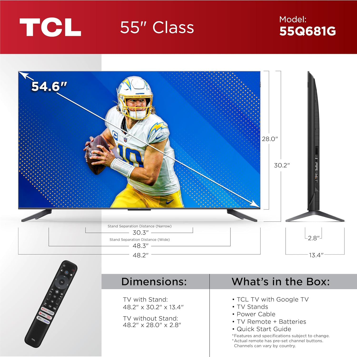 تلفزيون TCL Q68 QLED Pro 4K UHD الذكي مقاس 55 بوصة مع Google TV (55Q681G، موديل 2024) Dolby Vision وDolby Atmos وHDR Pro ومسرع الألعاب حتى 120 هرتز وجهاز التحكم الصوتي ويعمل مع Alexa وبث التلفزيون