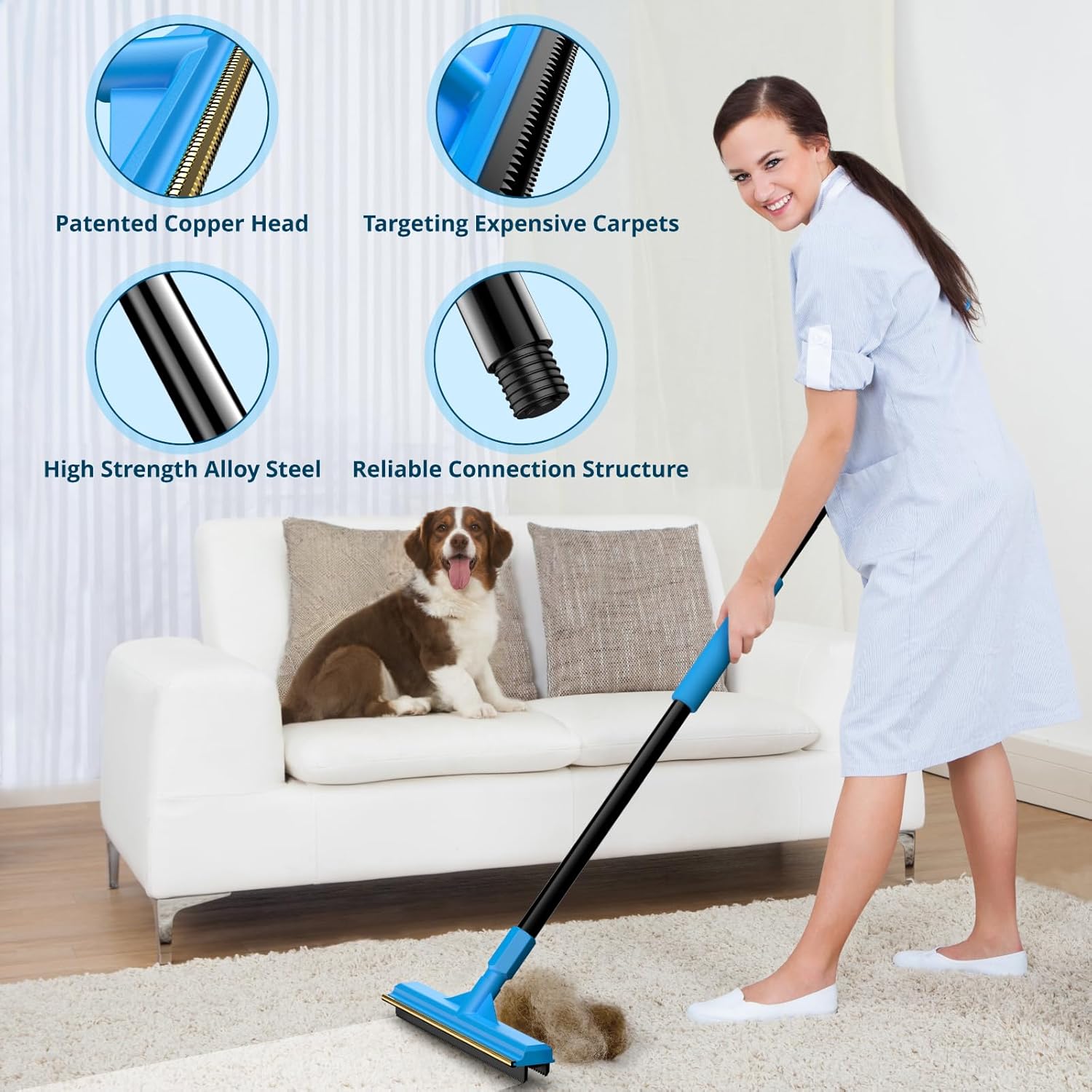 Carpet Rake for Pet Hair Removal, Reusable Cat Hair Remover with 58” Adjustable Long Handle, Dog Hair Carpet Scraper for Furnitures, Mats, Pet Hair Removal Tool and Dog Hair Remover for Couch · v2