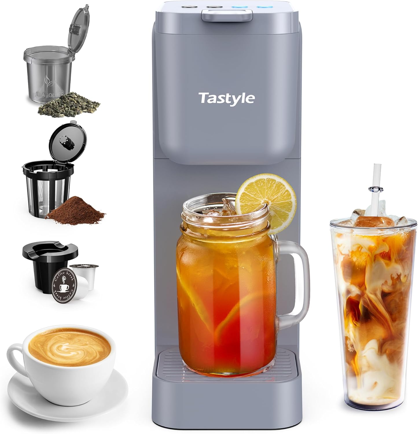 Coffee and Tea Maker with 4 Brew Styles, Small Coffee Maker for K Cup  Grounds, Tea Brewer for Loose Leaf Tea amp; Tea Bags, Fits 7.3' Travel Mugs, for Home, Office, Dorm or RV, Gray · v2