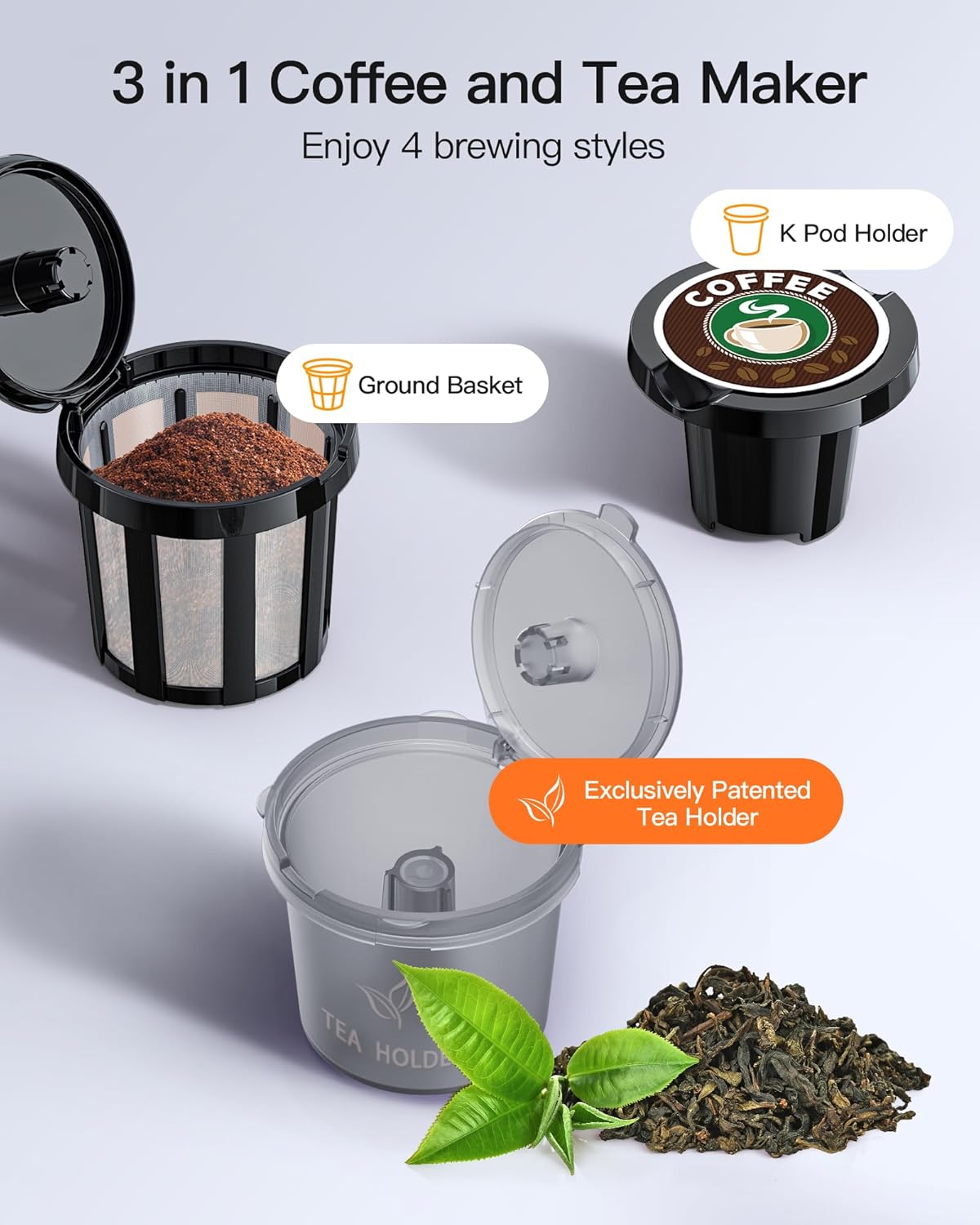 Coffee and Tea Maker with 4 Brew Styles, Small Coffee Maker for K Cup Grounds, Tea Brewer for Loose Leaf Tea amp; Tea Bags, Fits 7.3' Travel Mugs, for Home, Office, Dorm or RV, Gray · v2