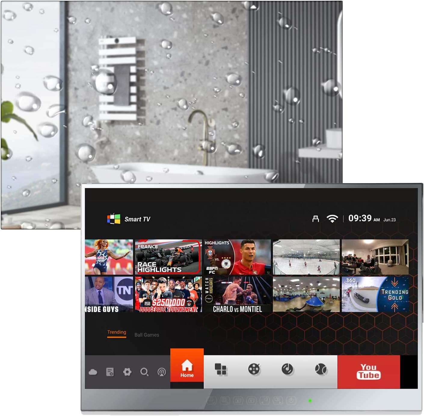 elecsung ทีวีกระจกอัจฉริยะ 22 นิ้ว สำหรับห้องน้ำ ทีวีกันน้ำ 1080P ATSC Tunner Android 11.0 สำหรับห้องอาบน้ำสปาในโรงแรม ลำโพงในตัว Wi-Fi และบลูทูธ 0BLS11013 รุ่น 2024