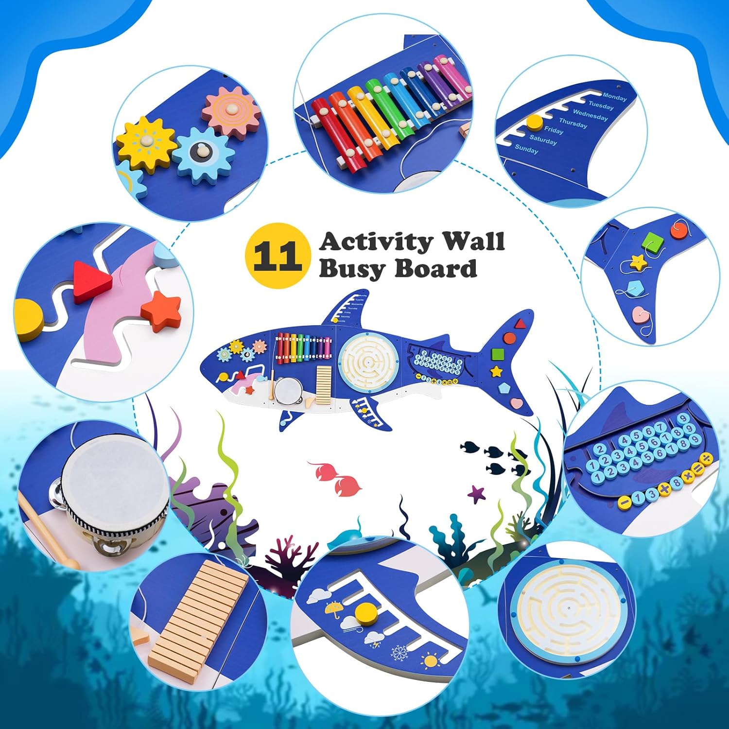 Weihnacht Shark Activity Wall Busy Board Panels,11-in-1 Montessori Sensory Toys, Toddler Learning Activity Center,Wooden Learning Toy Ideal Furniture for Playroom  Childrens Daycare · v3