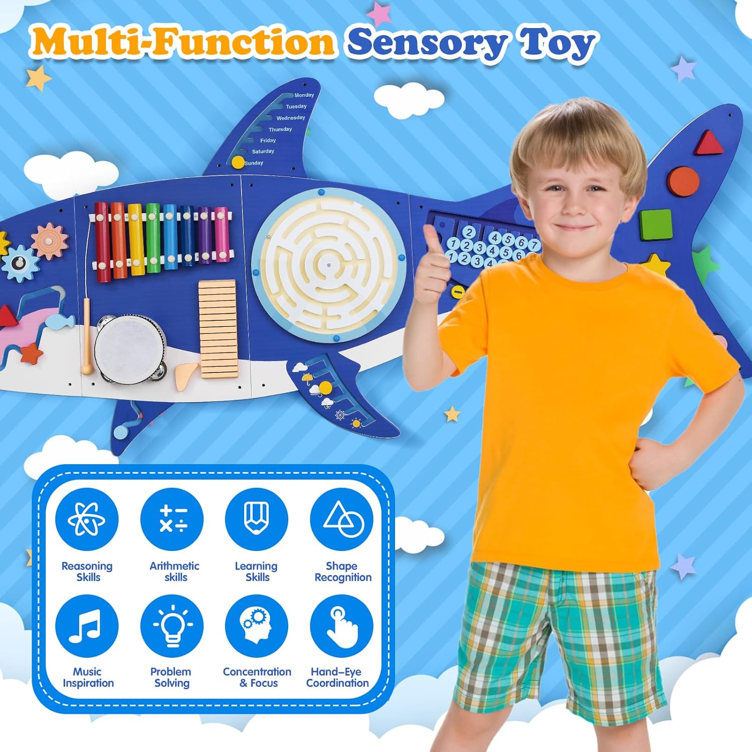 Weihnacht Shark Activity Wall Busy Board Panels,11-in-1 Montessori Sensory Toys, Toddler Learning Activity Center,Wooden Learning Toy Ideal Furniture for Playroom  Childrens Daycare · v3