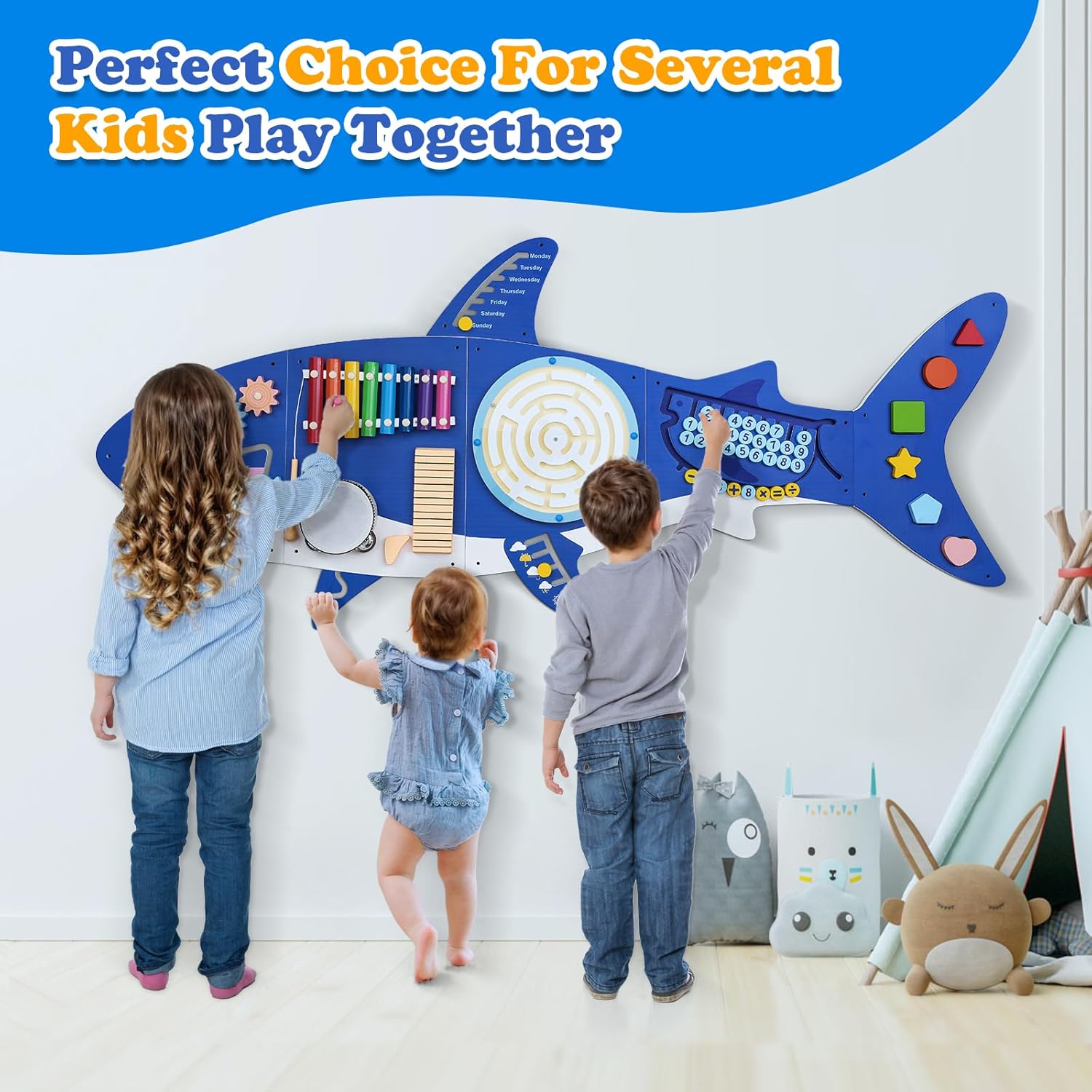 Weihnacht Shark Activity Wall Busy Board Panels,11-in-1 Montessori Sensory Toys, Toddler Learning Activity Center,Wooden Learning Toy Ideal Furniture for Playroom  Childrens Daycare · v3
