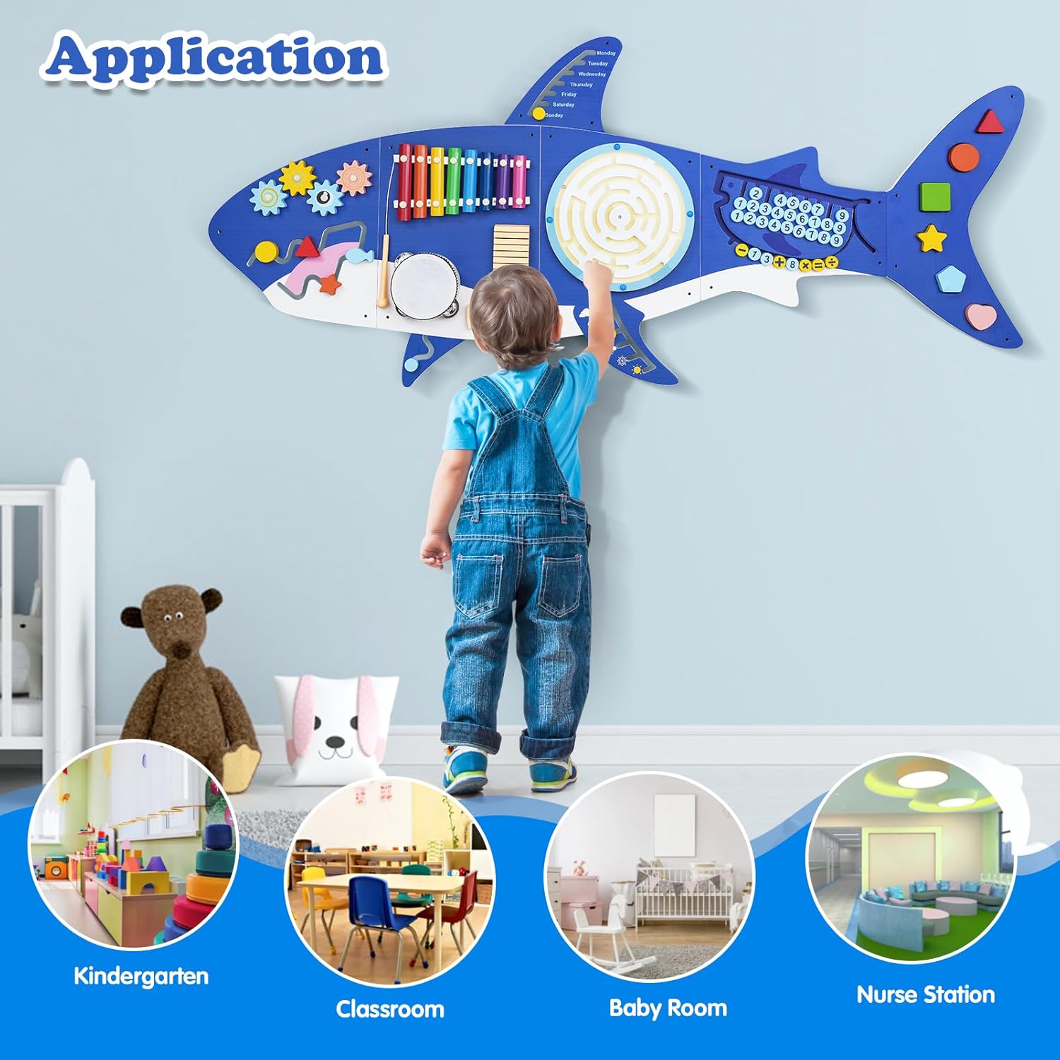 Weihnacht Shark Activity Wall Busy Board Panels,11-in-1 Montessori Sensory Toys, Toddler Learning Activity Center,Wooden Learning Toy Ideal Furniture for Playroom  Childrens Daycare · v3