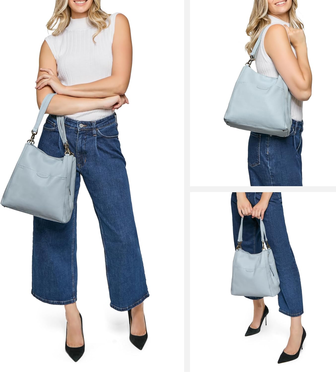 Tas Bahu Hobo Austin Triple-Entry dari American Leather Co. dengan Ritsleting Tengah, Kantong Selip, Tali Bahu yang Dapat Dilepas untuk Wanita