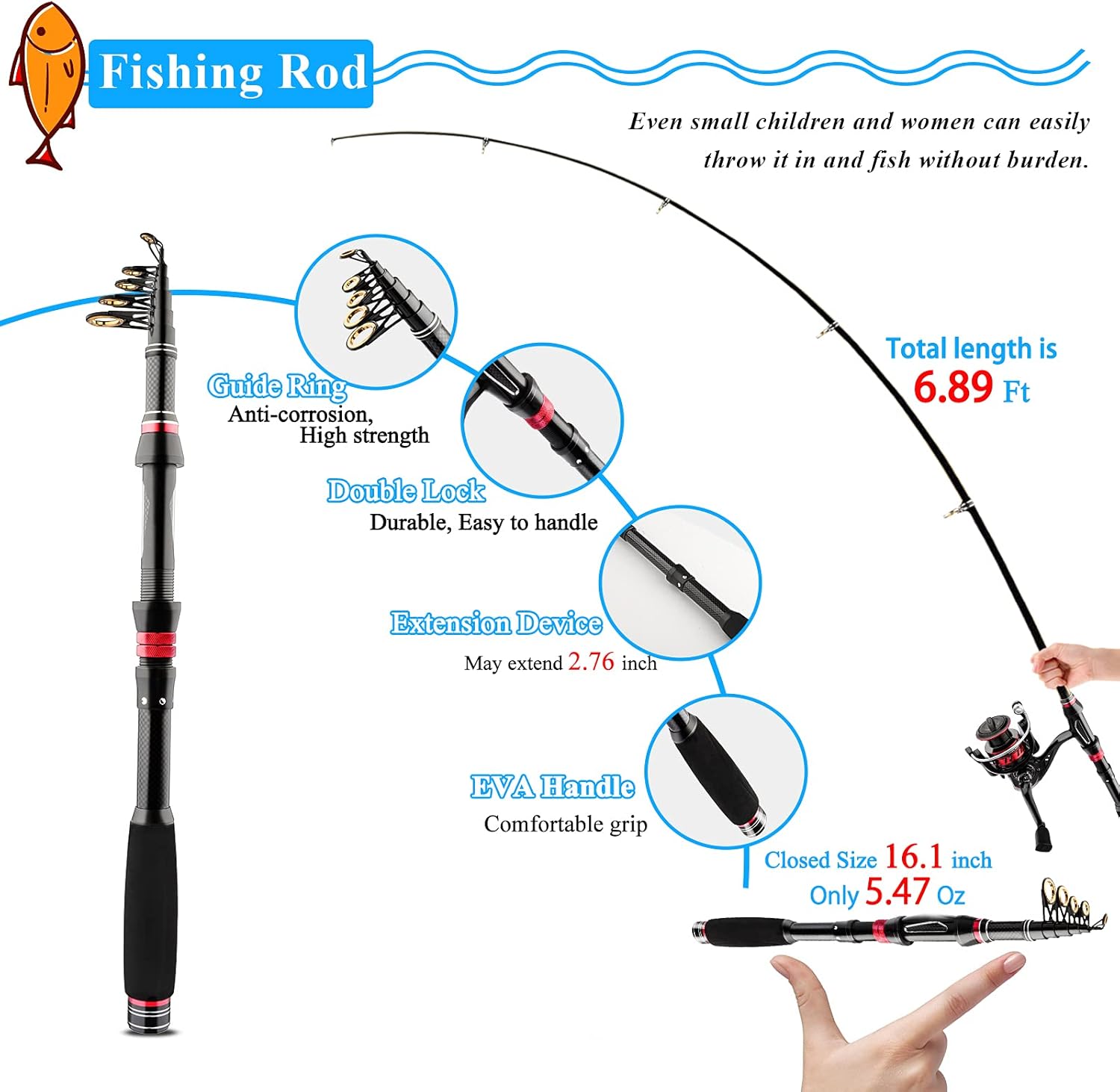 Fishing Rod and Reel Combos, 2PCS 2.1m/6.89ft Fishing Pole Combo Set, Carbon Fiber Telescopic Fishing Rod Kit with Spinning Reels, Fishing Line, Lures, Hooks and Carrier Bag for Youth Adults Beginner · v2