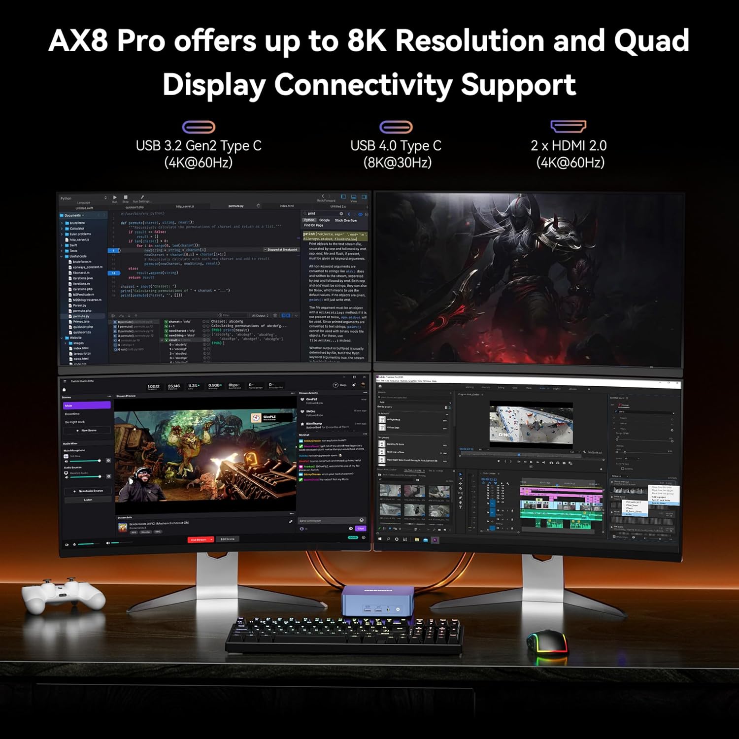Mini PC GEEKOM AX8 Pro Ai, mini computer AMD Ryzen R9-8945HS (8C/16T, fino a 5,2 GHz), RAM DDR5 5600 Mhz da 32 GB, SSD PCIe Gen 4 da 2 TB, mini desktop Windows 11 Pro, AMD Radeon 780M /WiFi 6E/BT5.2/2.5G LAN