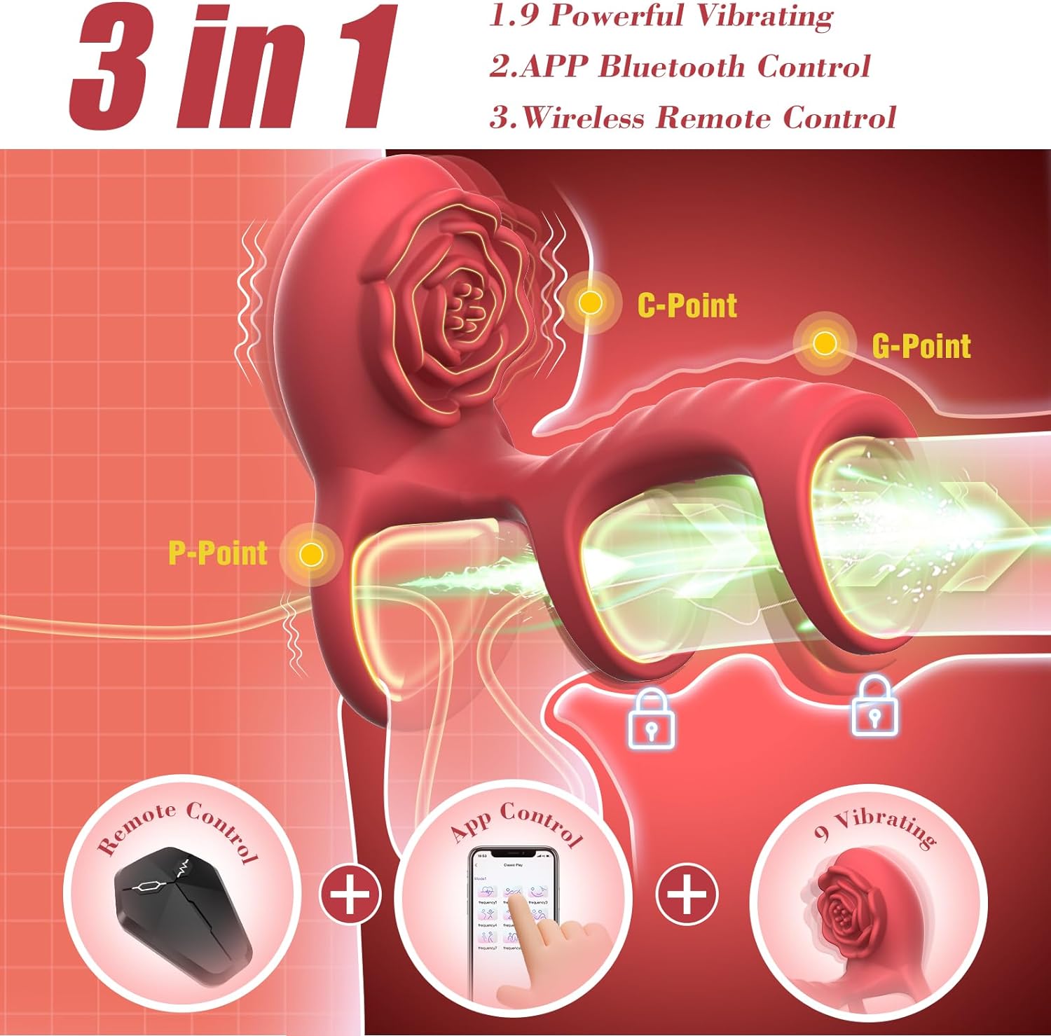 Vibrierender Penisring Rose Sexspielzeug für Erwachsene mit G-Punkt-Stimulation der Klitoris, Vergnügen, Penisring, Vibrator, Sexspielzeug für Paare, Sexspielzeug für Männer, Frauen, Erektion, Fernbedienung, 9 Vibrationen, weibliches männliches Sexspielzeug