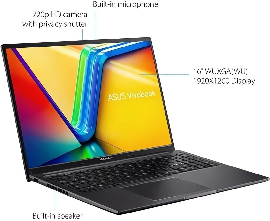 Máy tính xách tay ASUS Vivobook 16, Màn hình Micro-Edge WUXGA 16” , Bộ vi xử lý Intel 10 nhân i7-1255U thế hệ thứ 12 (Tối đa 4,7 GHz), RAM 40 GB, SSD NVMe 2 TB, Webcam, Xoay ngang 180°, Bàn phím, HDMI, USB-C, PDG HDMI, Win 11 Pro, Màu đen