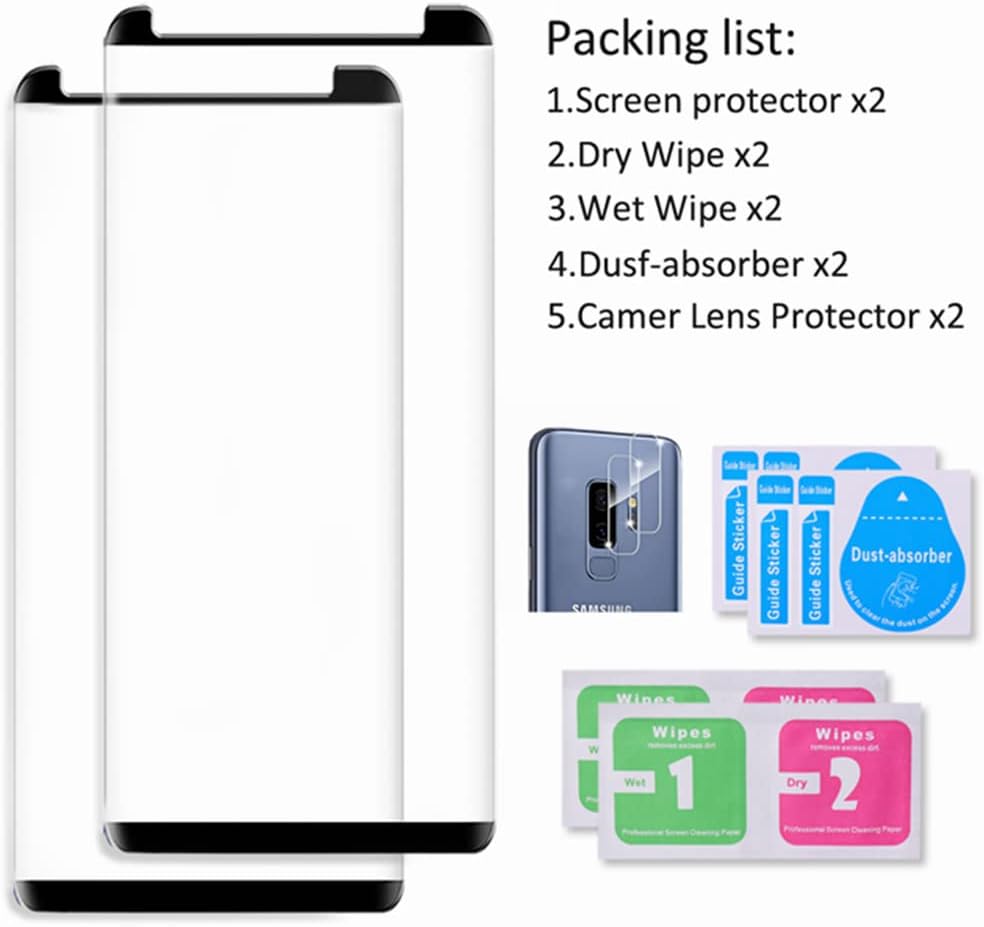Protecteur d'écran pour Galaxy S9, lot de 2 films de protection d'écran en verre trempé【Lot de 2】Lot de 2 protecteurs d'objectif pour appareil photo, verre 3D, dureté 9H, protecteur d'écran en verre trempé pour Samsung Galaxy S9