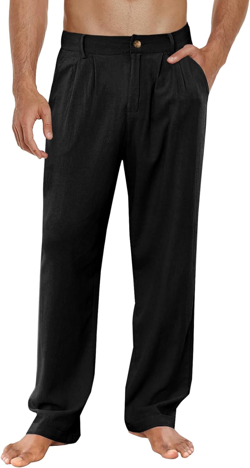 LONGBIDA Mens Linen Pants Lightweight Casual Trouser Yoga Summer Beach Pant
