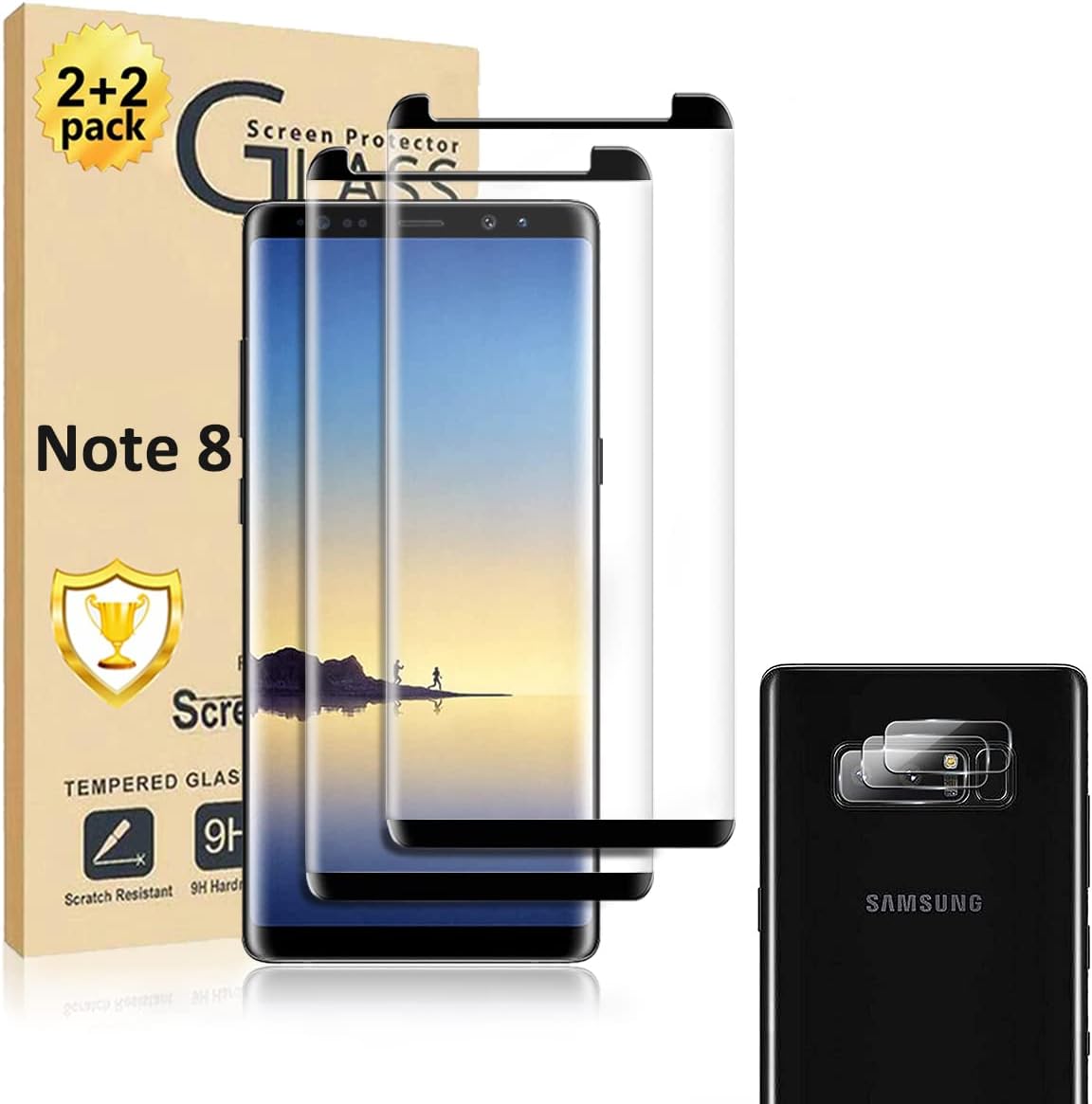 Protecteur d'écran pour Galaxy Note 8, lot de 2 protecteurs d'écran en verre trempé, lot de 2 protecteurs d'objectif d'appareil photo, film de protection d'écran en verre trempé 3D, dureté 9H, pour Samsung Galaxy Note 8【Lot de 2】