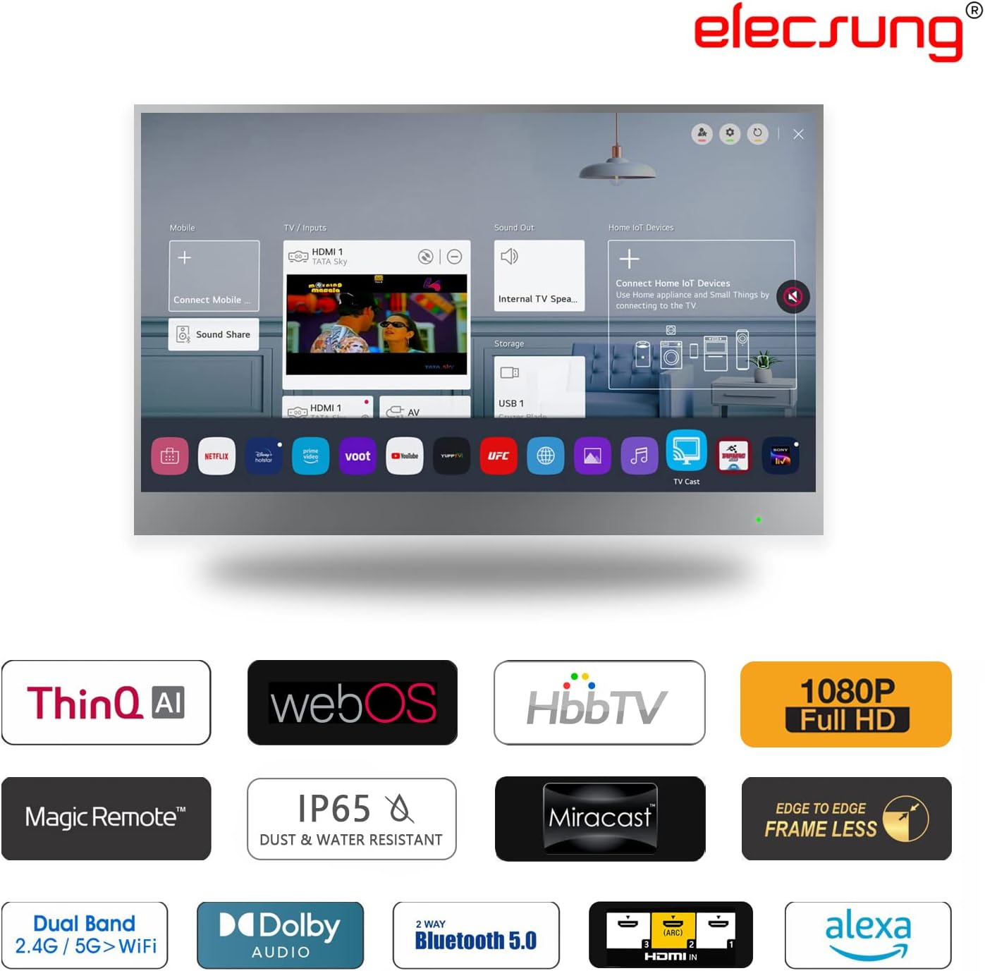 تلفزيون ذكي من elecsung مقاس 22 بوصة مزود بمرآة للحمام، يعمل بنظام التشغيل webOS بدقة 1080 بكسل ومقاوم للماء مع موالف HDTV (ATSC) مدمج، وأليكسا مدمجة، ومكبرات صوت، وواي فاي وبلوتوث، طراز SS215U22-A016، موديل 2024