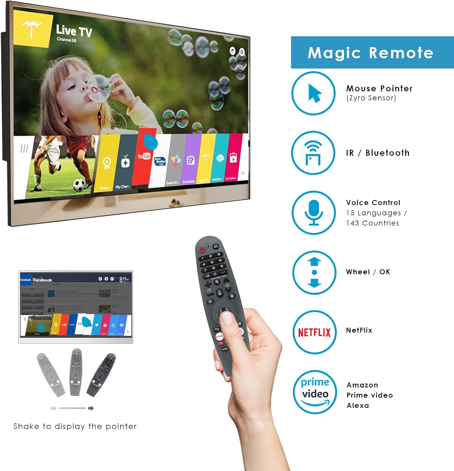 تلفزيون ذكي من elecsung مقاس 22 بوصة مزود بمرآة للحمام، يعمل بنظام التشغيل webOS بدقة 1080 بكسل ومقاوم للماء مع موالف HDTV (ATSC) مدمج، وأليكسا مدمجة، ومكبرات صوت، وواي فاي وبلوتوث، طراز SS215U22-A016، موديل 2024