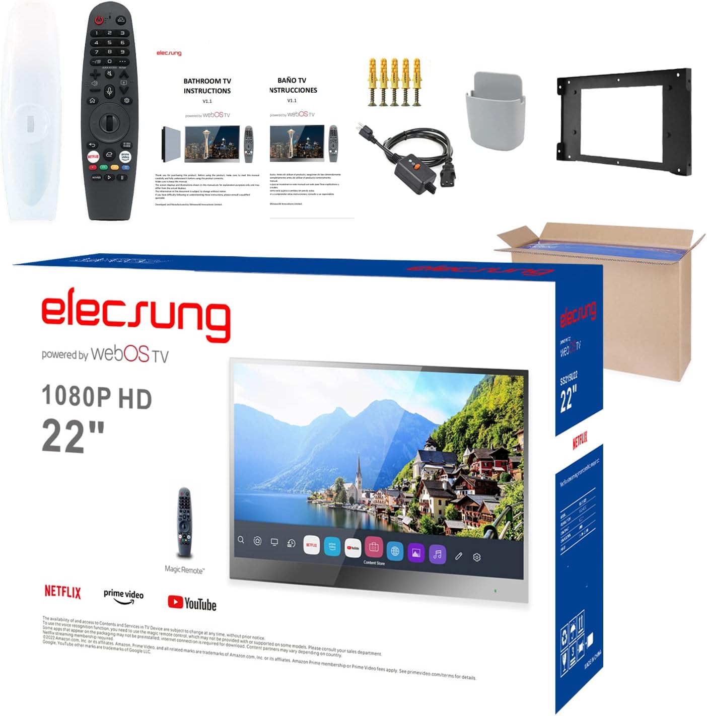 تلفزيون ذكي من elecsung مقاس 22 بوصة مزود بمرآة للحمام، يعمل بنظام التشغيل webOS بدقة 1080 بكسل ومقاوم للماء مع موالف HDTV (ATSC) مدمج، وأليكسا مدمجة، ومكبرات صوت، وواي فاي وبلوتوث، طراز SS215U22-A016، موديل 2024